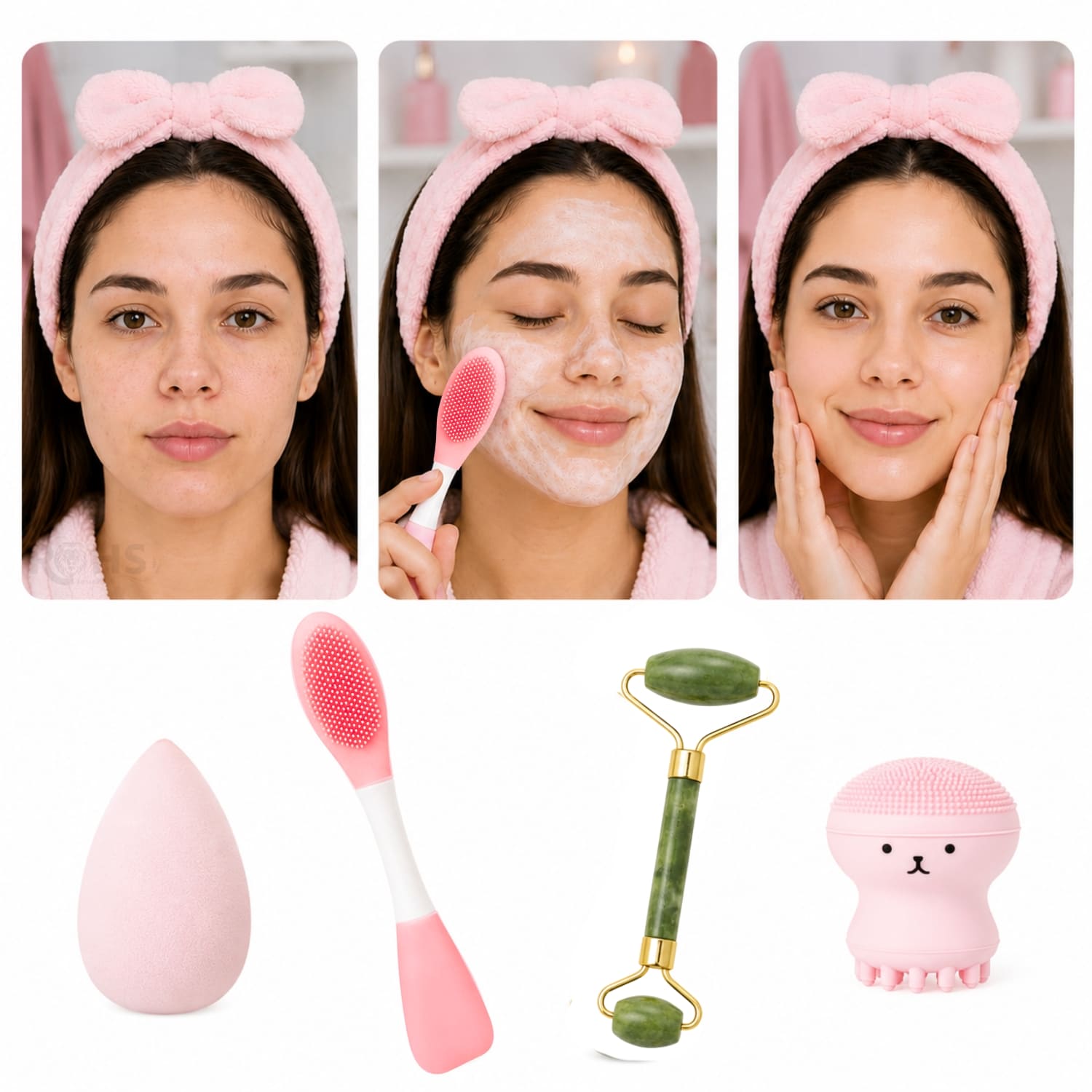 SET DE SKINCARE Y MAQUILLAJE ROSADO CLARO CON RODILLO FACIAL ESPONJA Y CEPILLO DE SILICONA - 2