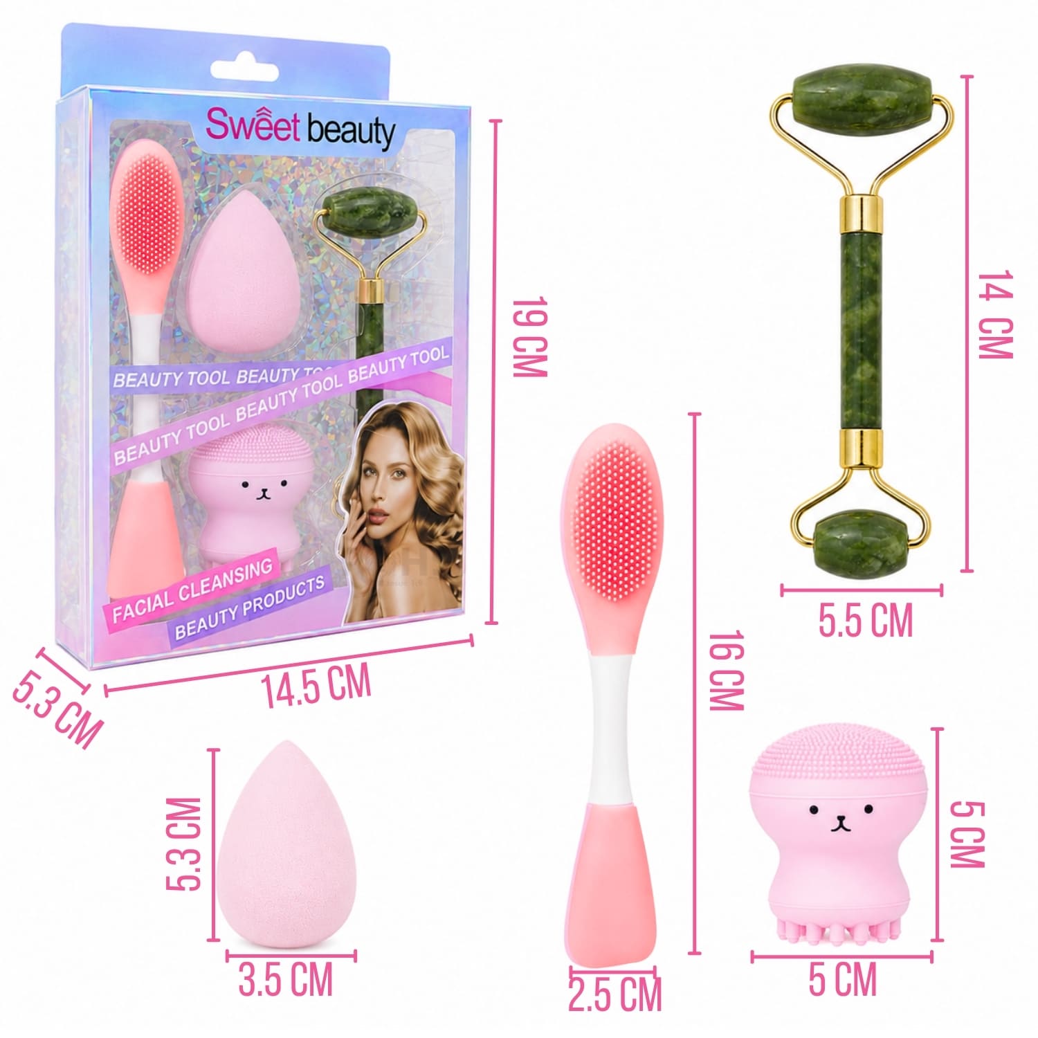 SET DE SKINCARE Y MAQUILLAJE ROSADO CLARO CON RODILLO FACIAL ESPONJA Y CEPILLO DE SILICONA - 3