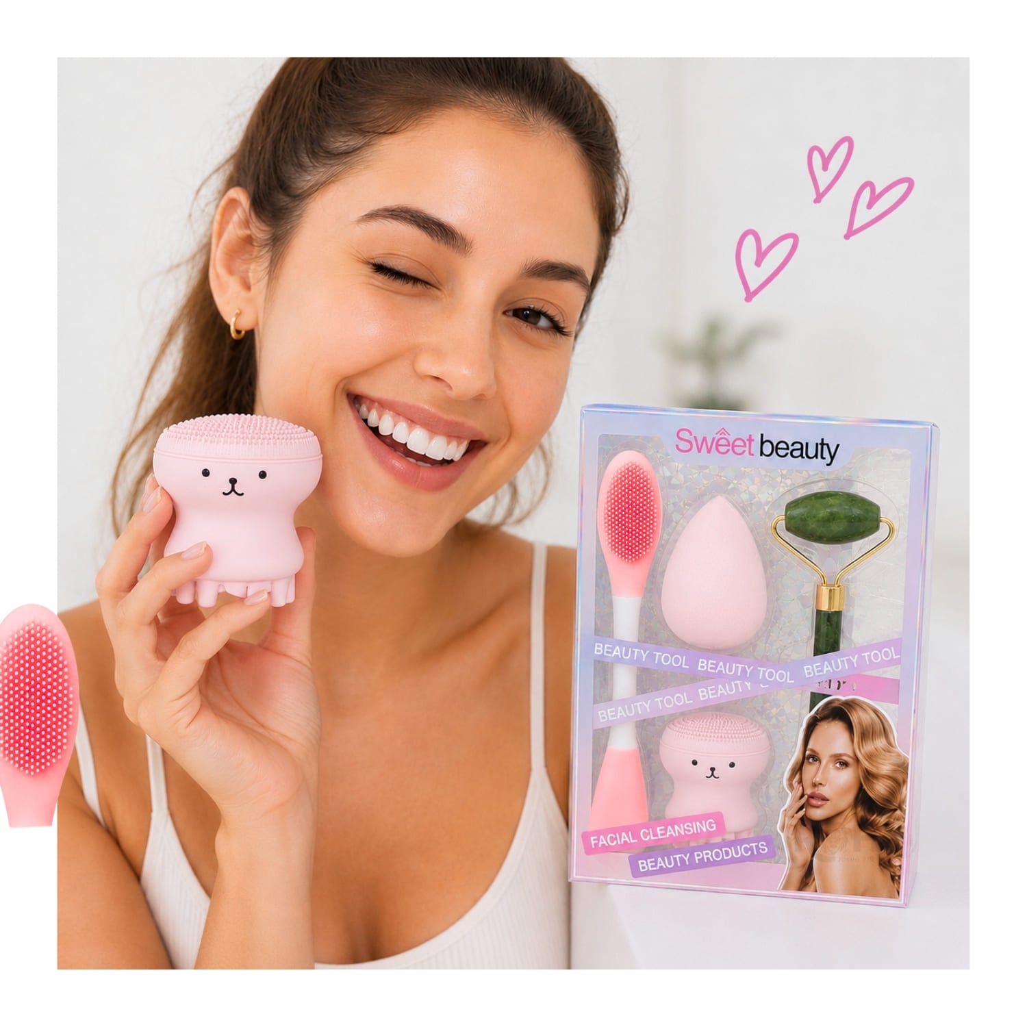SET DE SKINCARE Y MAQUILLAJE ROSADO CLARO CON RODILLO FACIAL ESPONJA Y CEPILLO DE SILICONA - 4