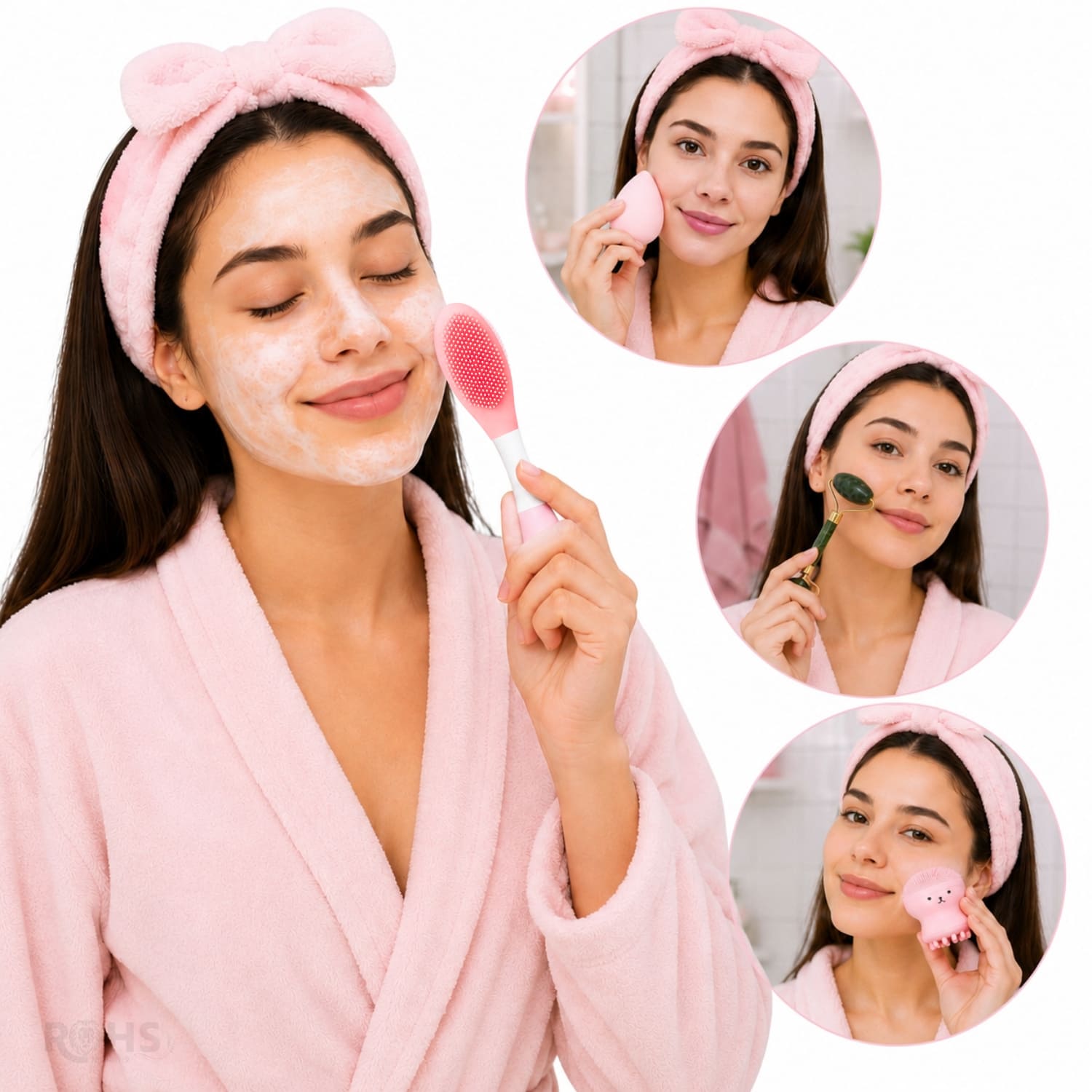 SET DE SKINCARE Y MAQUILLAJE ROSADO CLARO CON RODILLO FACIAL ESPONJA Y CEPILLO DE SILICONA - 5