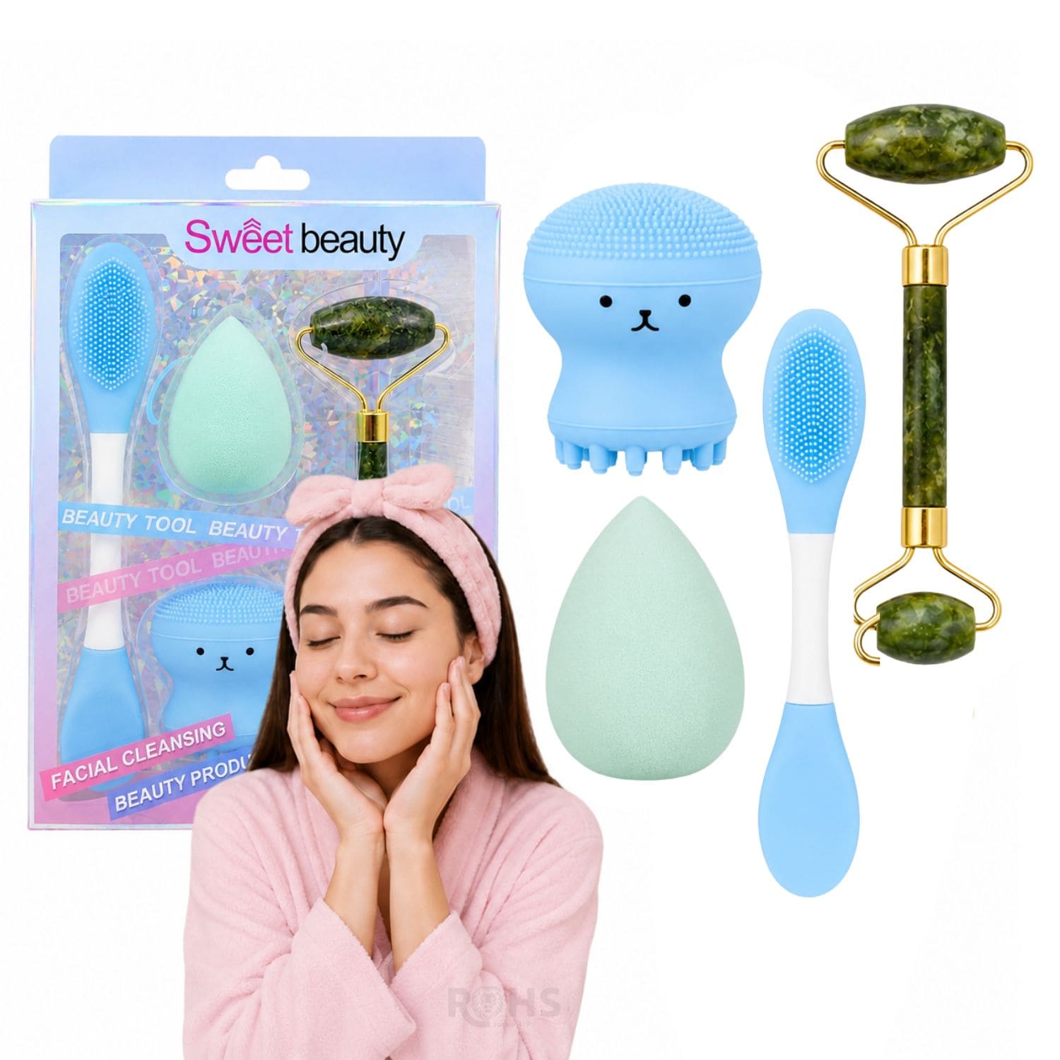 SET DE SKINCARE Y MAQUILLAJE CELESTE CON RODILLO FACIAL ESPONJA Y CEPILLO DE SILICONA - 1