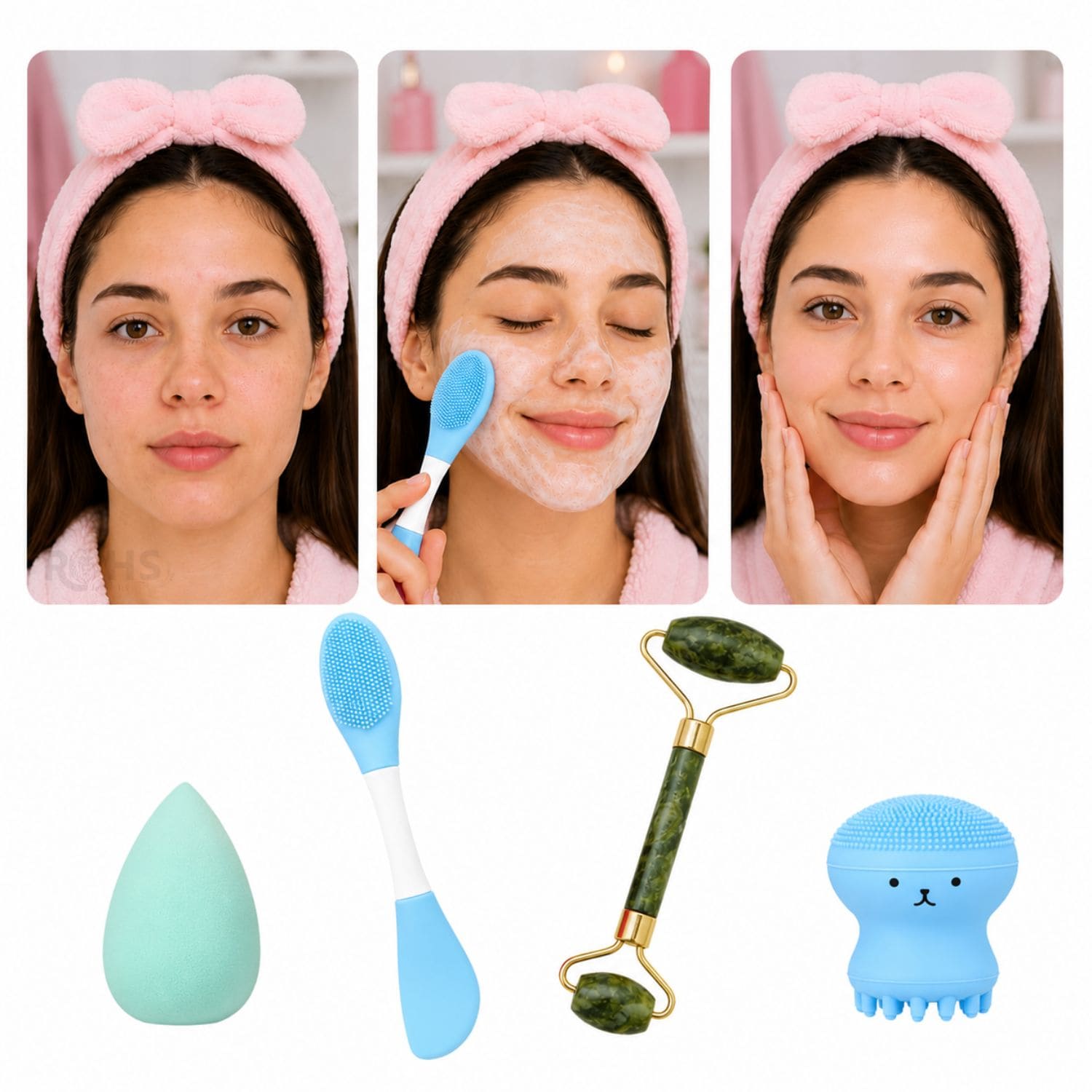 SET DE SKINCARE Y MAQUILLAJE CELESTE CON RODILLO FACIAL ESPONJA Y CEPILLO DE SILICONA - 2