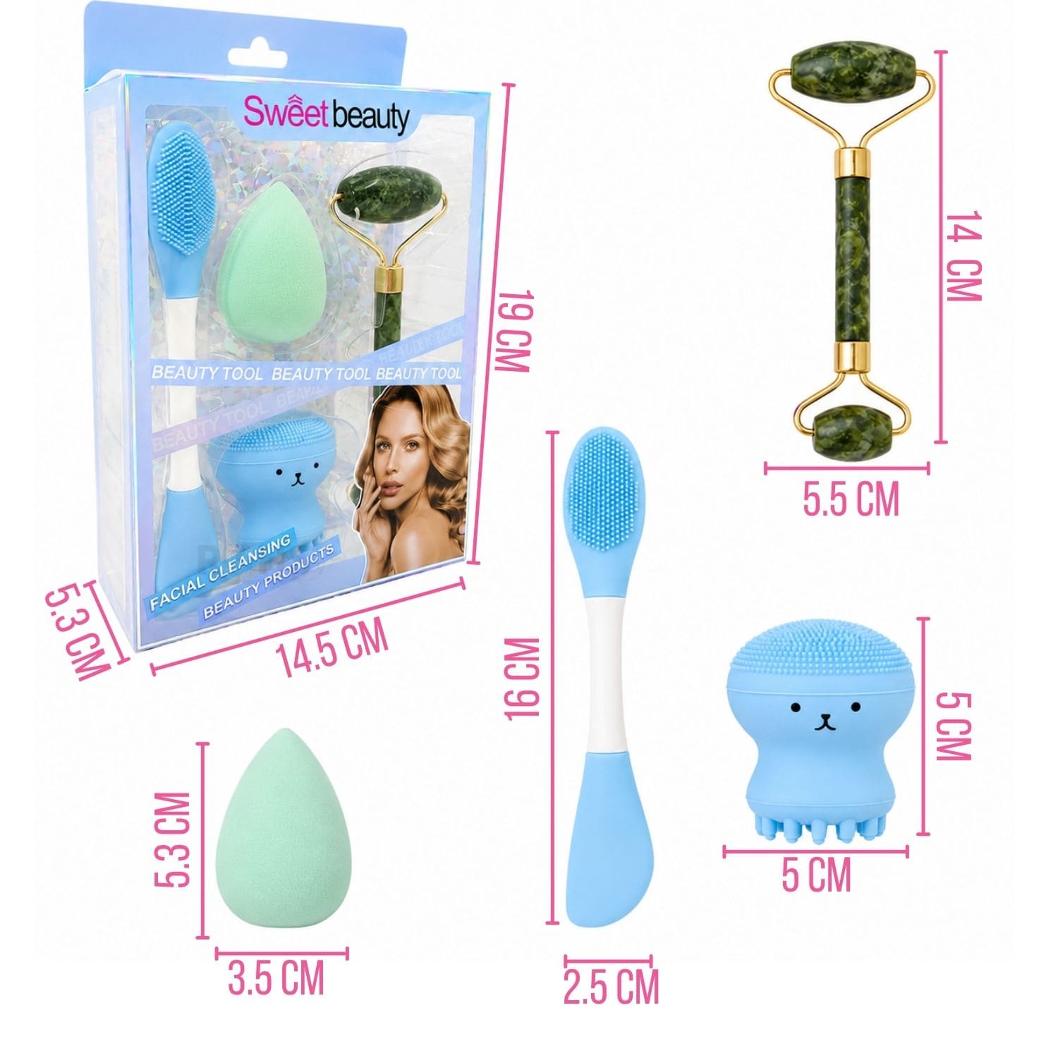 SET DE SKINCARE Y MAQUILLAJE CELESTE CON RODILLO FACIAL ESPONJA Y CEPILLO DE SILICONA - 3