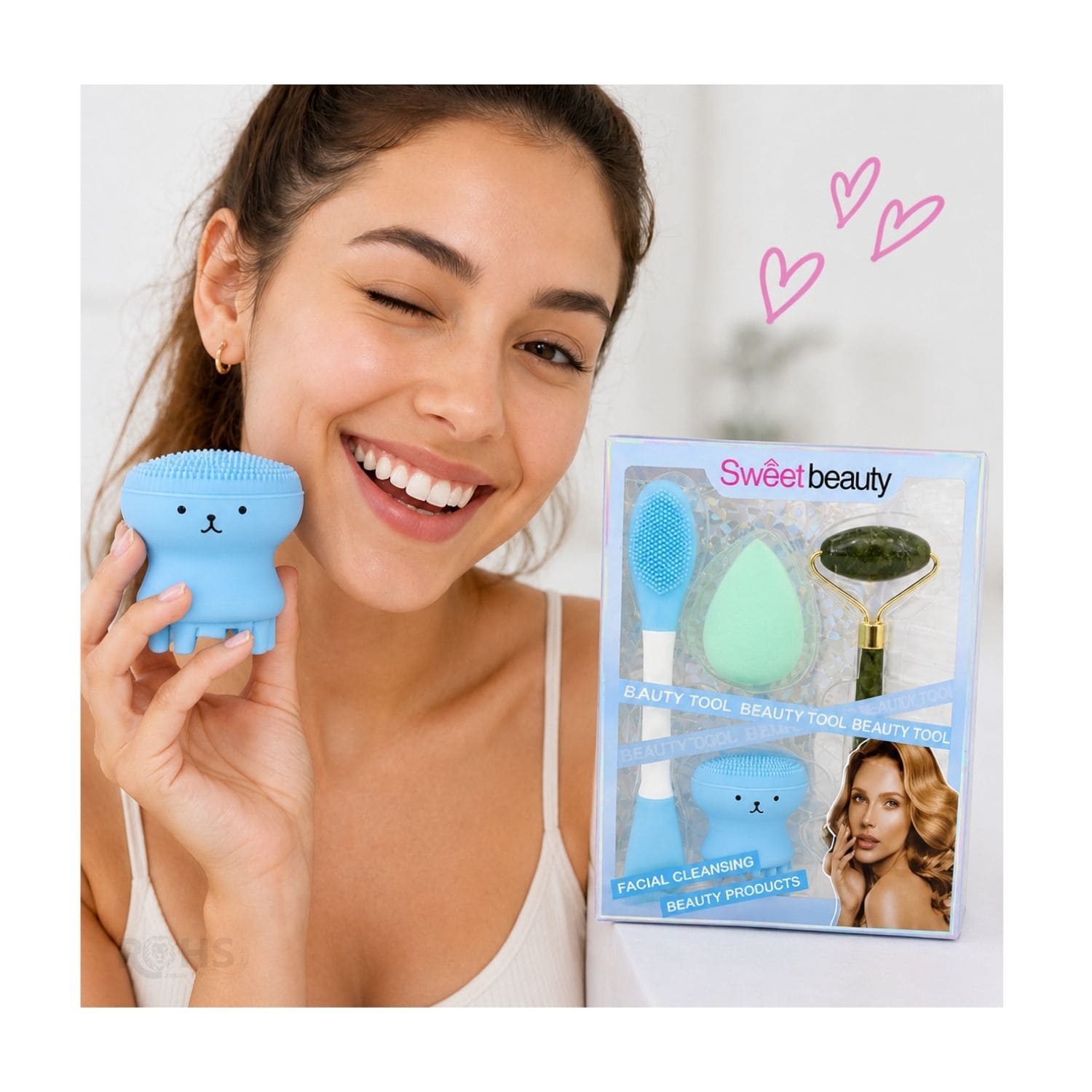 SET DE SKINCARE Y MAQUILLAJE CELESTE CON RODILLO FACIAL ESPONJA Y CEPILLO DE SILICONA - 4