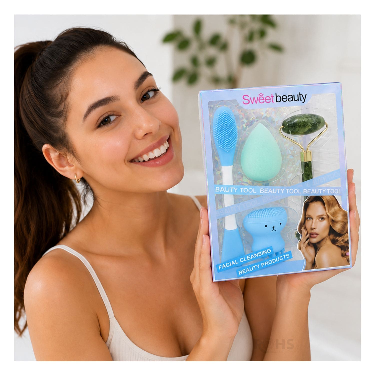SET DE SKINCARE Y MAQUILLAJE CELESTE CON RODILLO FACIAL ESPONJA Y CEPILLO DE SILICONA - 7