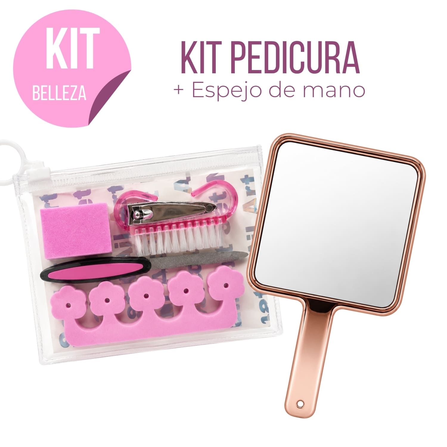 KIT PEDICURA ROSA CON CEPILLO DE LIMPIEZA Y ESPEJO DE MANO ROSE GOLD - 1