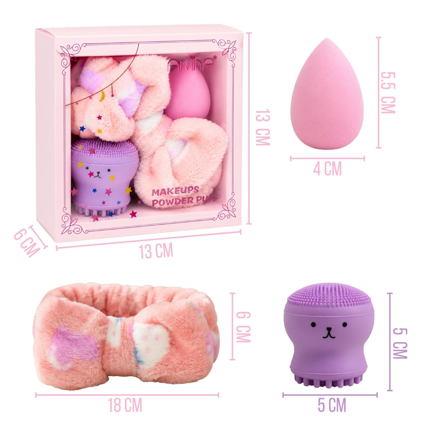 SET DE MAQUILLAJE FACIAL CON VINCHA FLUFFY ROSA ESPONJA ROSA Y CEPILLO DE SILICONA MORADO - 2