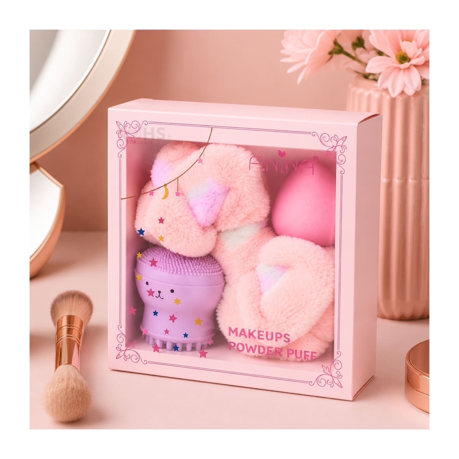 SET DE MAQUILLAJE FACIAL CON VINCHA FLUFFY ROSA ESPONJA ROSA Y CEPILLO DE SILICONA MORADO - 5