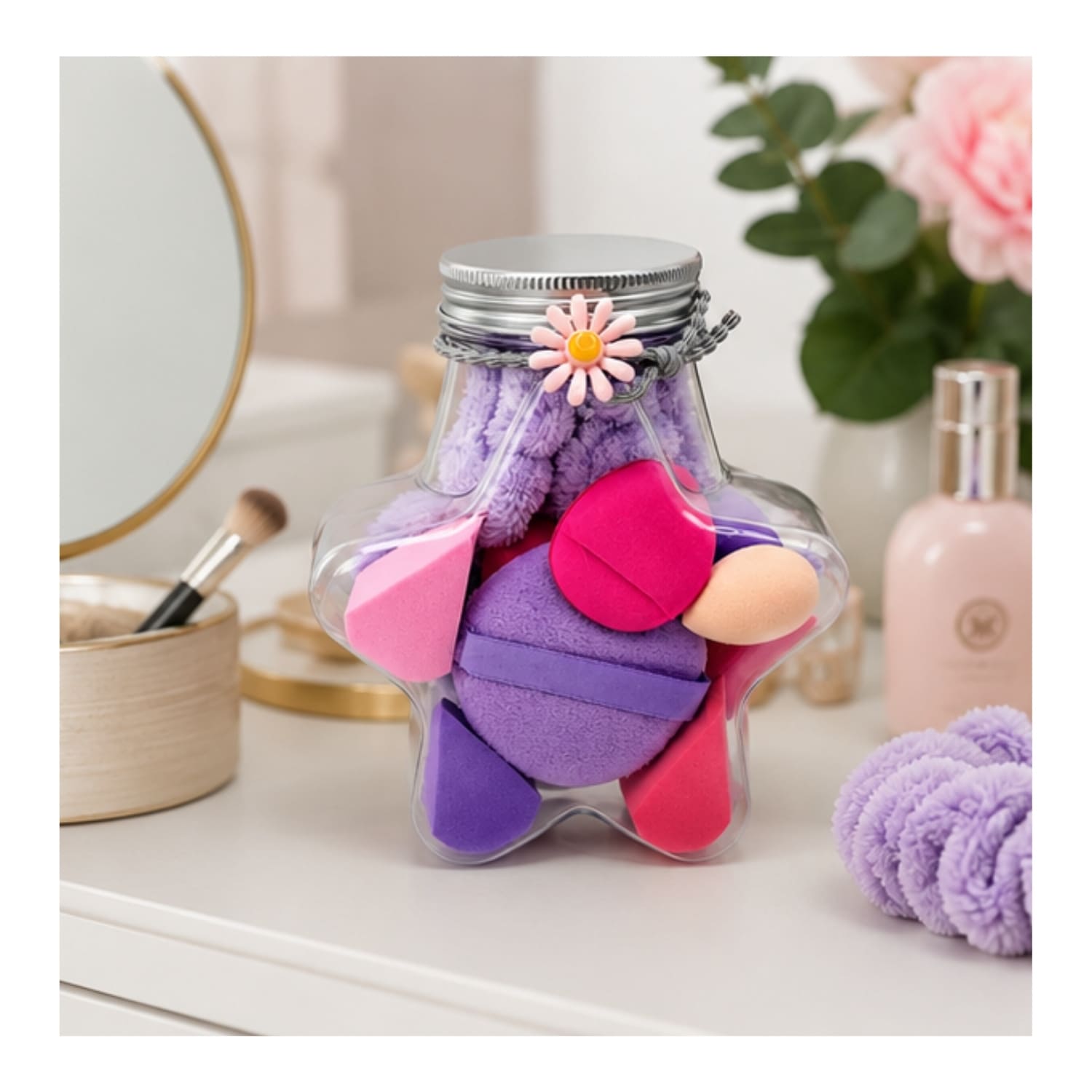 SET DE ESPONJAS DE MAQUILLAJE CON FRASCO ESTRELLA Y MUÑEQUERAS FLUFFY - 6