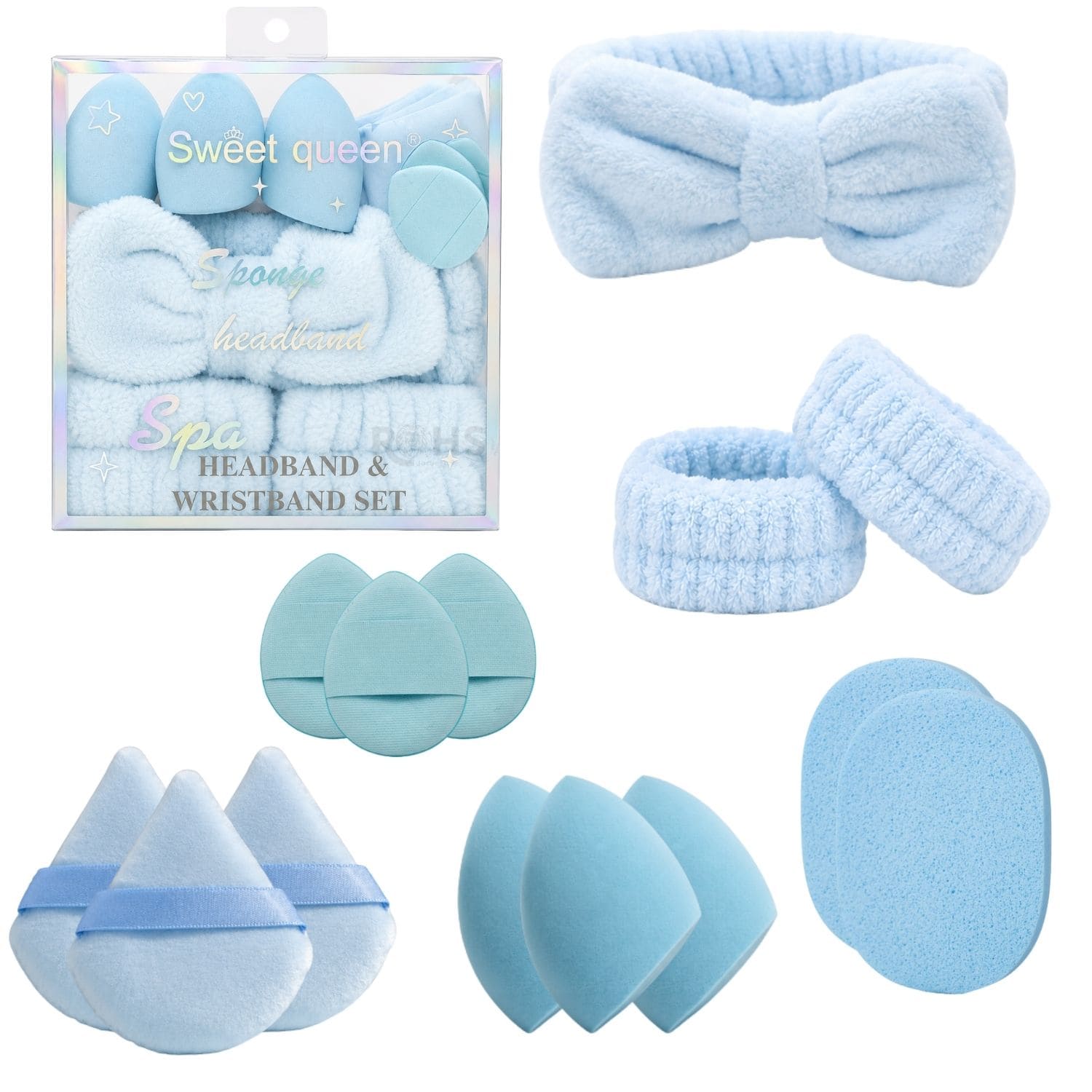 SET DE MAQUILLAJE Y SKINCARE CELESTE CON VINCHA FLUFFY MUÑEQUERAS Y ESPONJAS FACIALES - 1