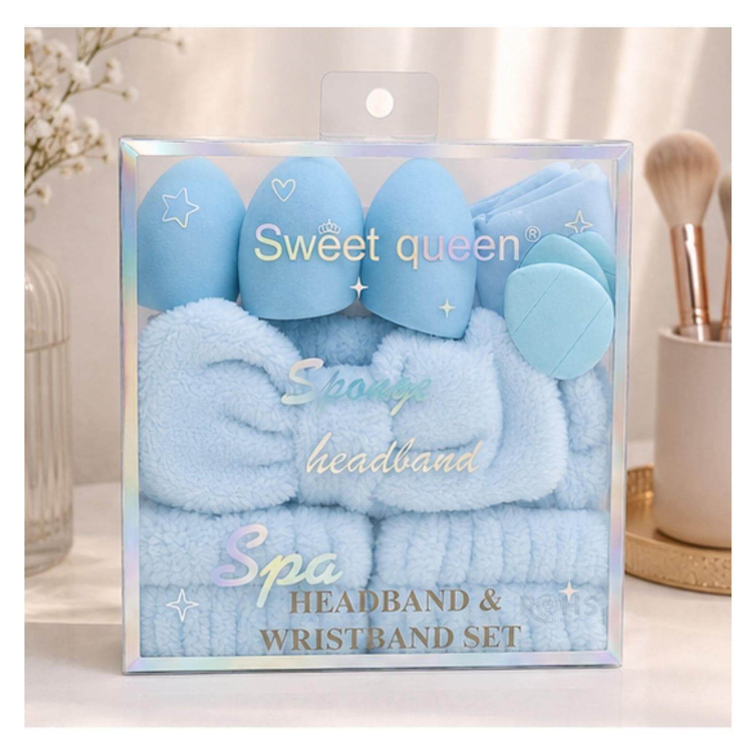SET DE MAQUILLAJE Y SKINCARE CELESTE CON VINCHA FLUFFY MUÑEQUERAS Y ESPONJAS FACIALES - 3