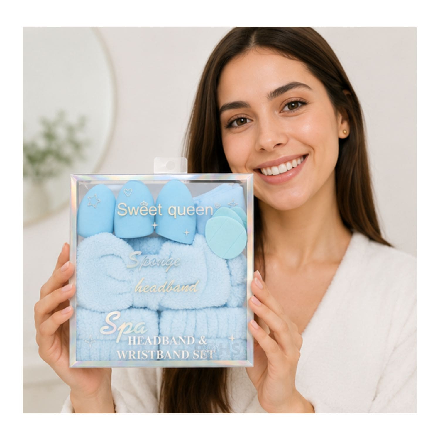 SET DE MAQUILLAJE Y SKINCARE CELESTE CON VINCHA FLUFFY MUÑEQUERAS Y ESPONJAS FACIALES - 7