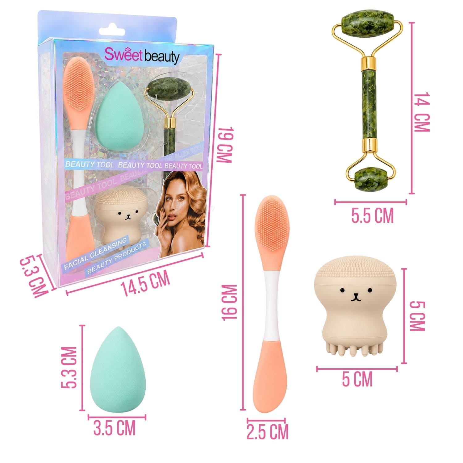 SET DE SKINCARE Y MAQUILLAJE CORAL CON RODILLO FACIAL ESPONJA Y CEPILLO DE SILICONA - 3