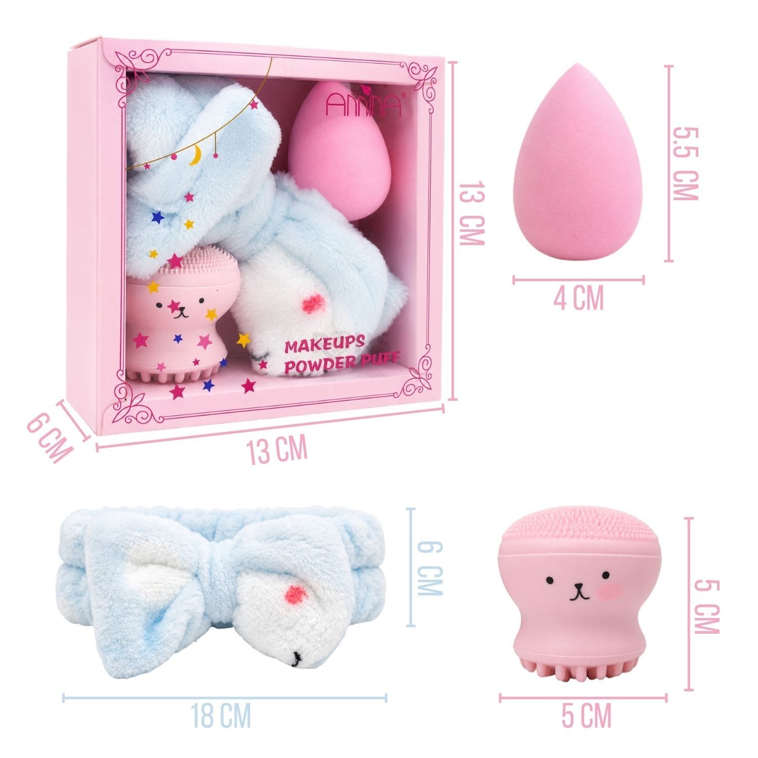 SET DE MAQUILLAJE FACIAL CON VINCHA FLUFFY CELESTE ESPONJA Y CEPILLO DE SILICONA ROSA - 2
