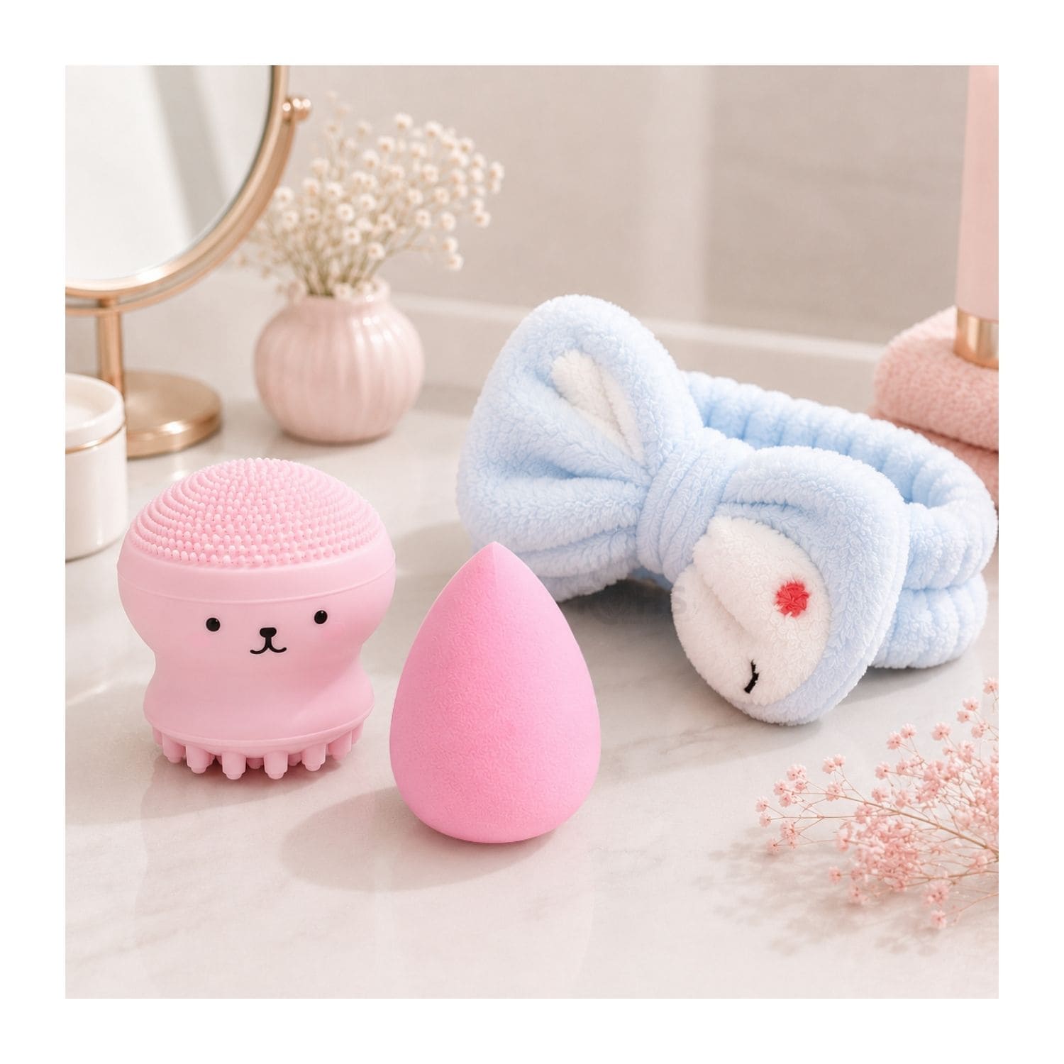 SET DE MAQUILLAJE FACIAL CON VINCHA FLUFFY CELESTE ESPONJA Y CEPILLO DE SILICONA ROSA - 3