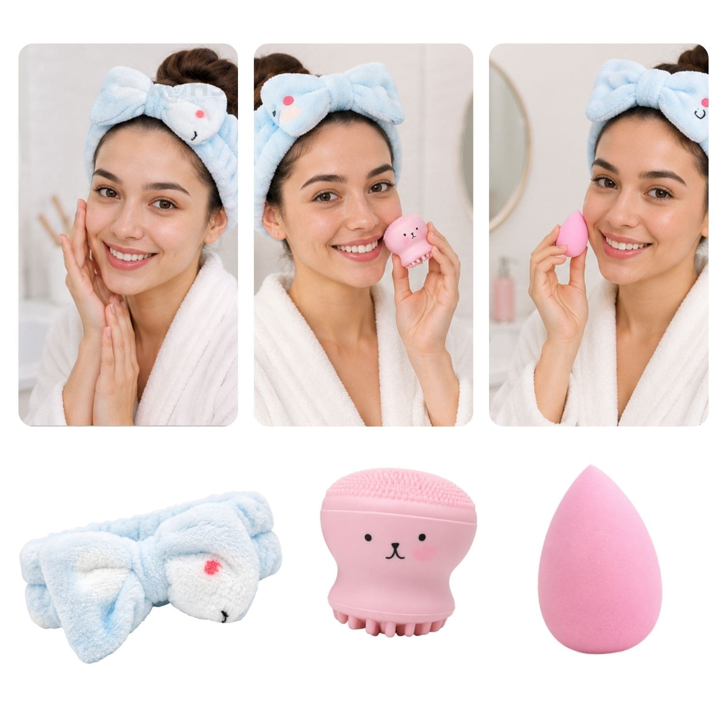 SET DE MAQUILLAJE FACIAL CON VINCHA FLUFFY CELESTE ESPONJA Y CEPILLO DE SILICONA ROSA - 4