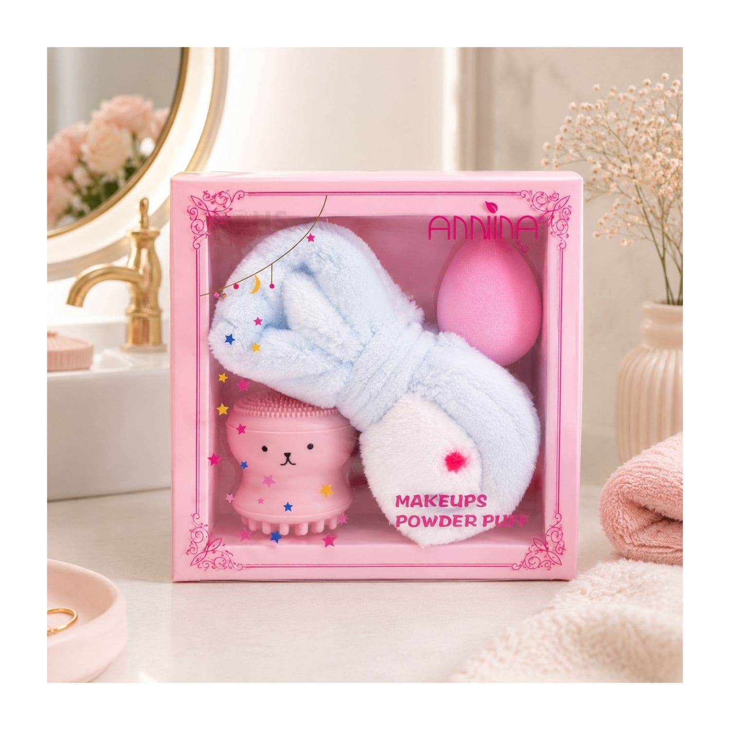 SET DE MAQUILLAJE FACIAL CON VINCHA FLUFFY CELESTE ESPONJA Y CEPILLO DE SILICONA ROSA - 5