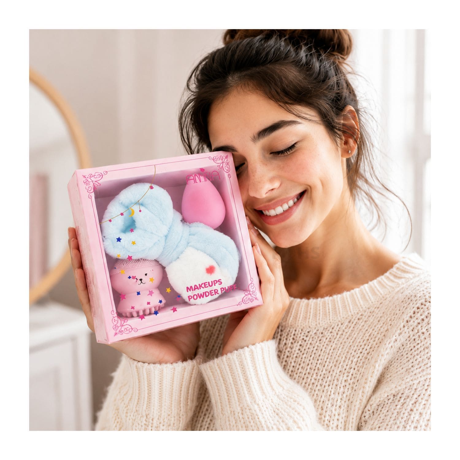 SET DE MAQUILLAJE FACIAL CON VINCHA FLUFFY CELESTE ESPONJA Y CEPILLO DE SILICONA ROSA - 7