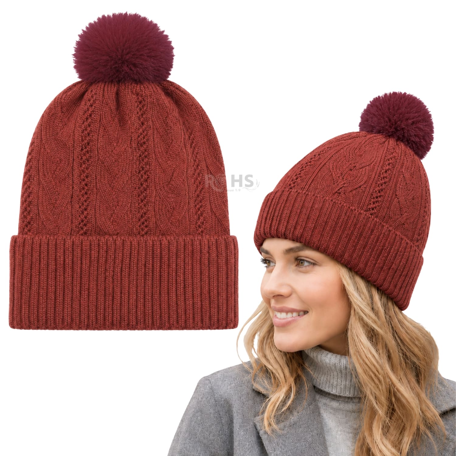GORRO DE INVIERNO POLIÉSTER CON POMPÓN TEXTURIZADO COLOR ROJO - 1