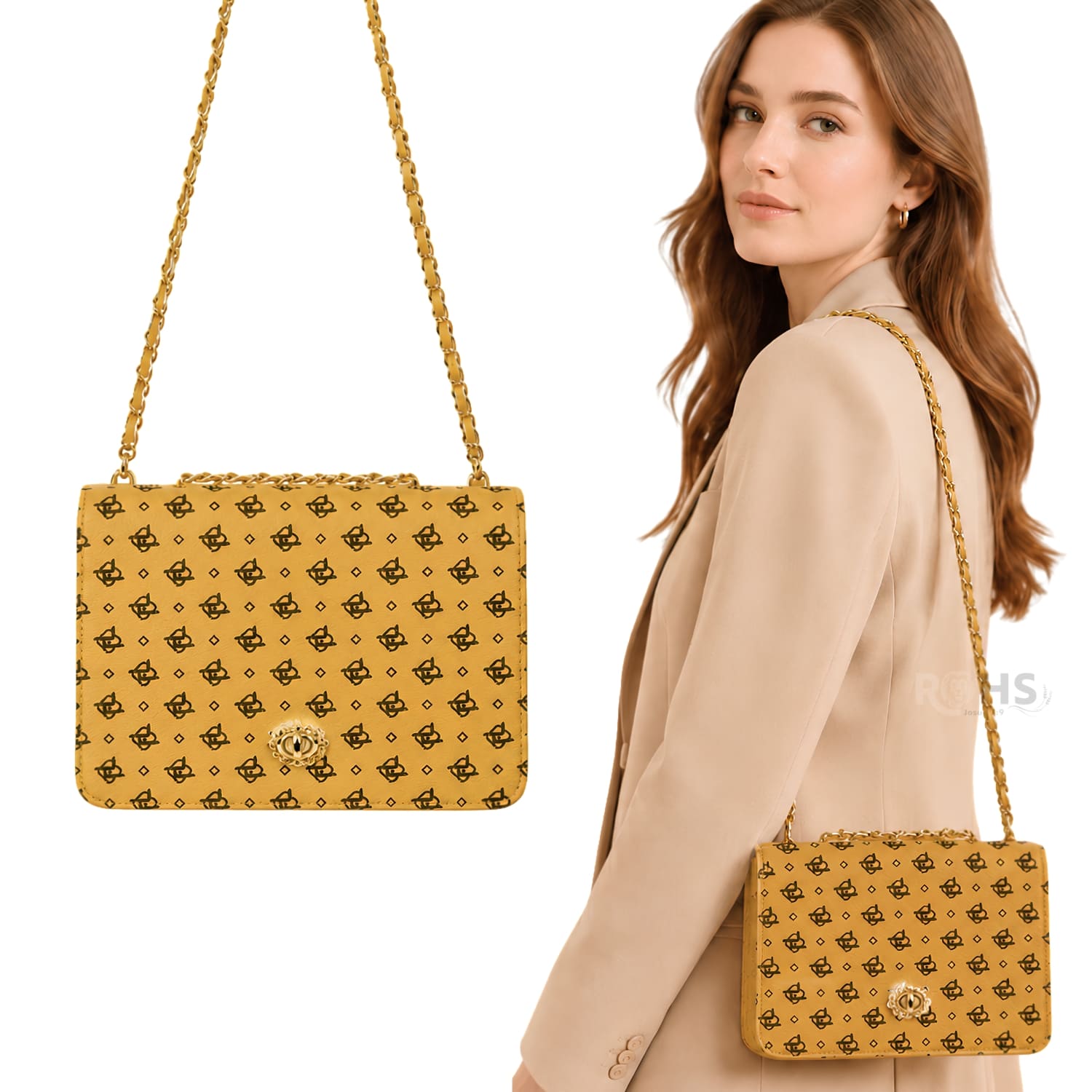 CARTERA ELEGANTE PARA MUJER CON CORREA DE CADENA Y DISEÑO MOSTAZA - 1