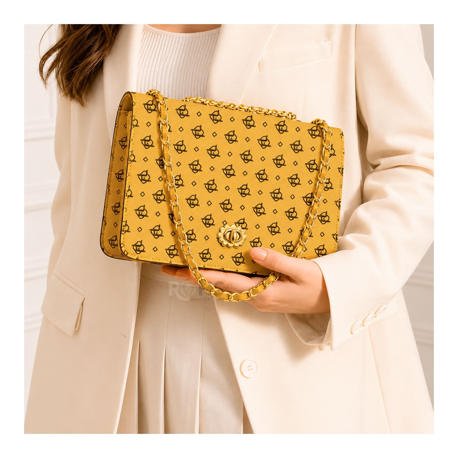 CARTERA ELEGANTE PARA MUJER CON CORREA DE CADENA Y DISEÑO MOSTAZA - 3