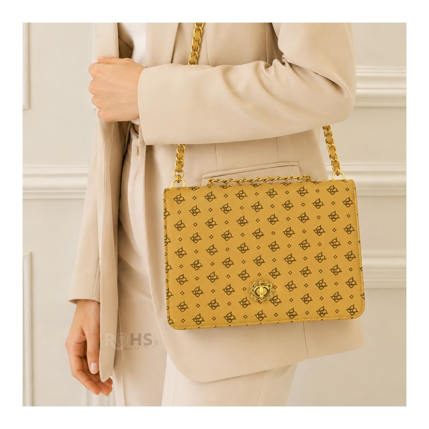 CARTERA ELEGANTE PARA MUJER CON CORREA DE CADENA Y DISEÑO MOSTAZA - 6