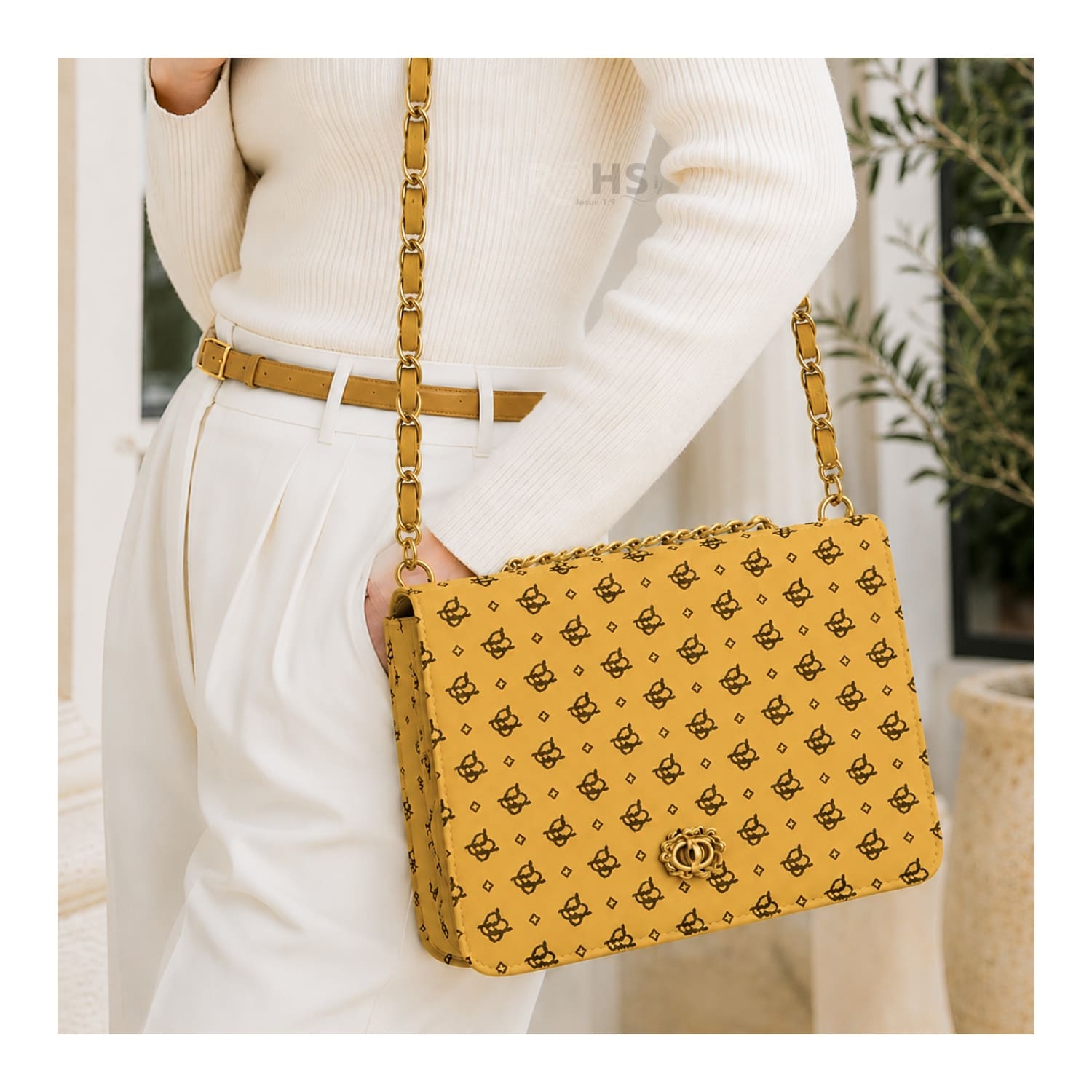 CARTERA ELEGANTE PARA MUJER CON CORREA DE CADENA Y DISEÑO MOSTAZA - 7
