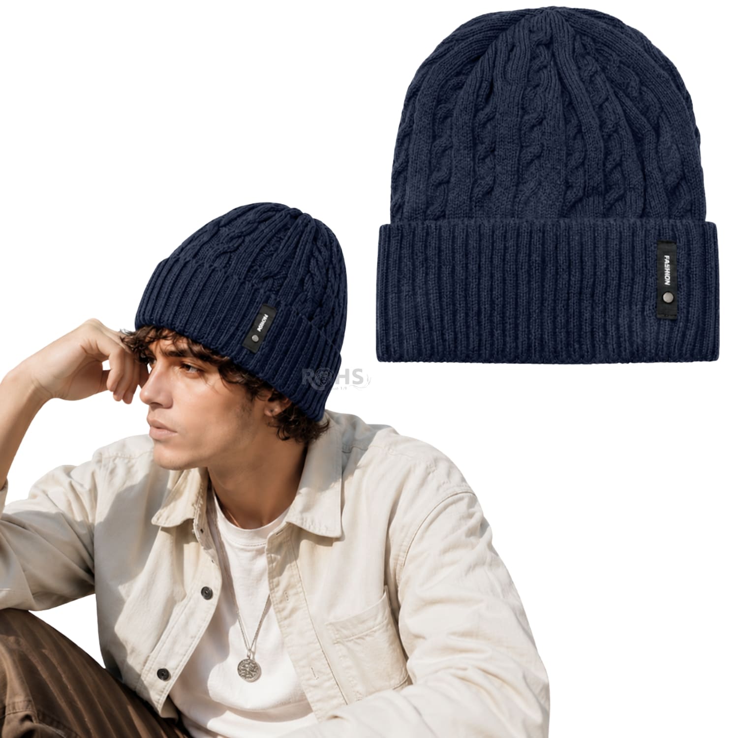 GORRO TEJIDO POLIÉSTER DISEÑO TRENZADO PARA INVIERNO COLOR AZUL MARINO - 1