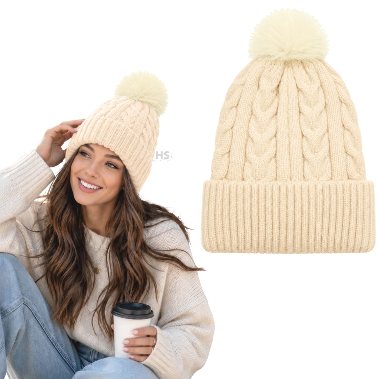 GORRO CON POMPÓN TEJIDO POLIÉSTER PARA INVIERNO COLOR BEIGE - 1