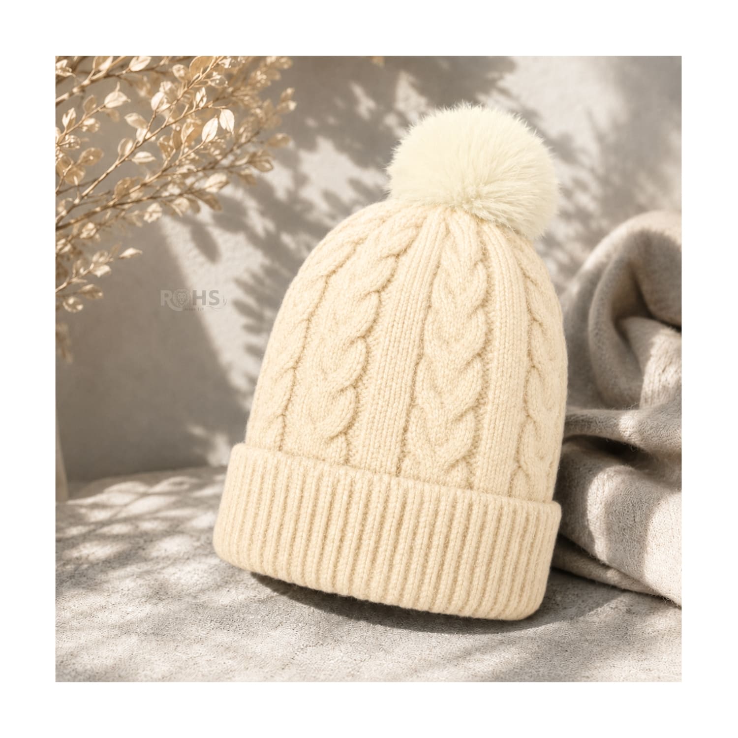 GORRO CON POMPÓN TEJIDO POLIÉSTER PARA INVIERNO COLOR BEIGE - 6