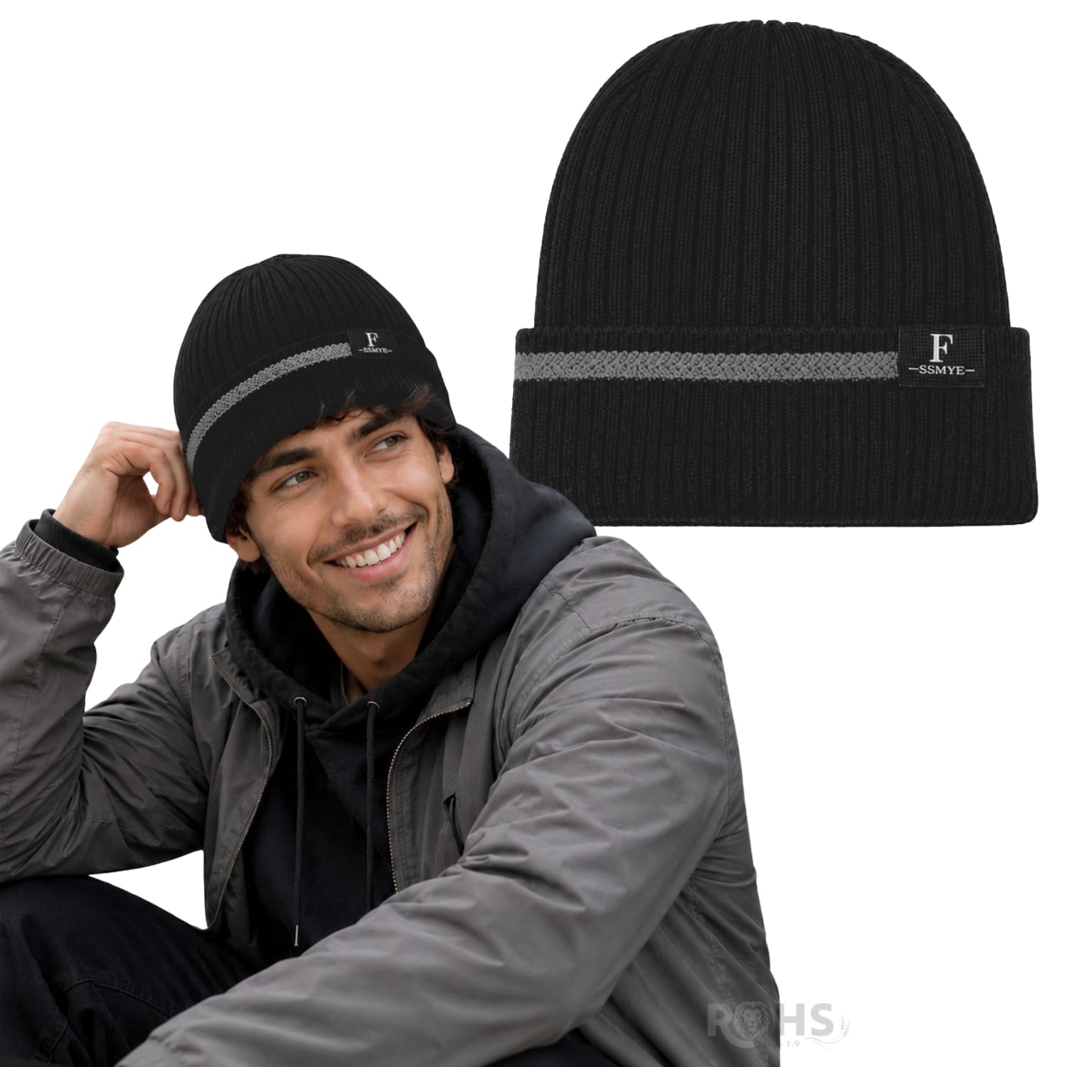 GORRO TEJIDO POLIÉSTER CON RAYA DECORATIVA PARA INVIERNO COLOR NEGRO - 1