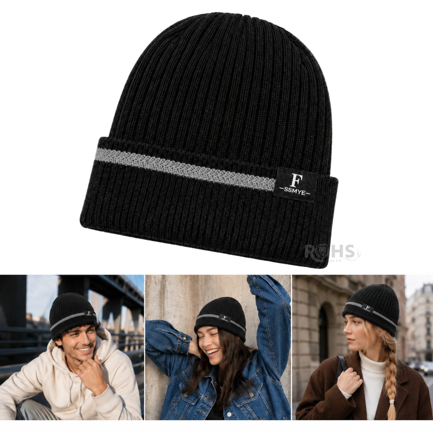 GORRO TEJIDO POLIÉSTER CON RAYA DECORATIVA PARA INVIERNO COLOR NEGRO - 5
