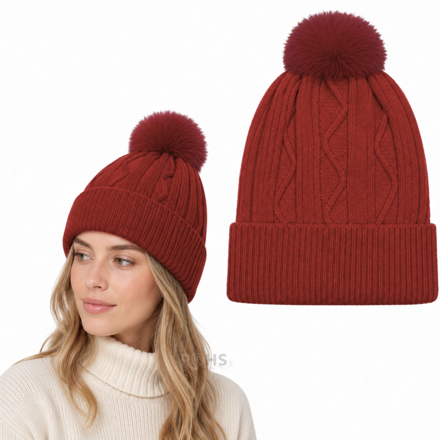 GORRO TEJIDO CON POMPÓN DISEÑO TEXTURIZADO PARA INVIERNO COLOR ROJO - 1