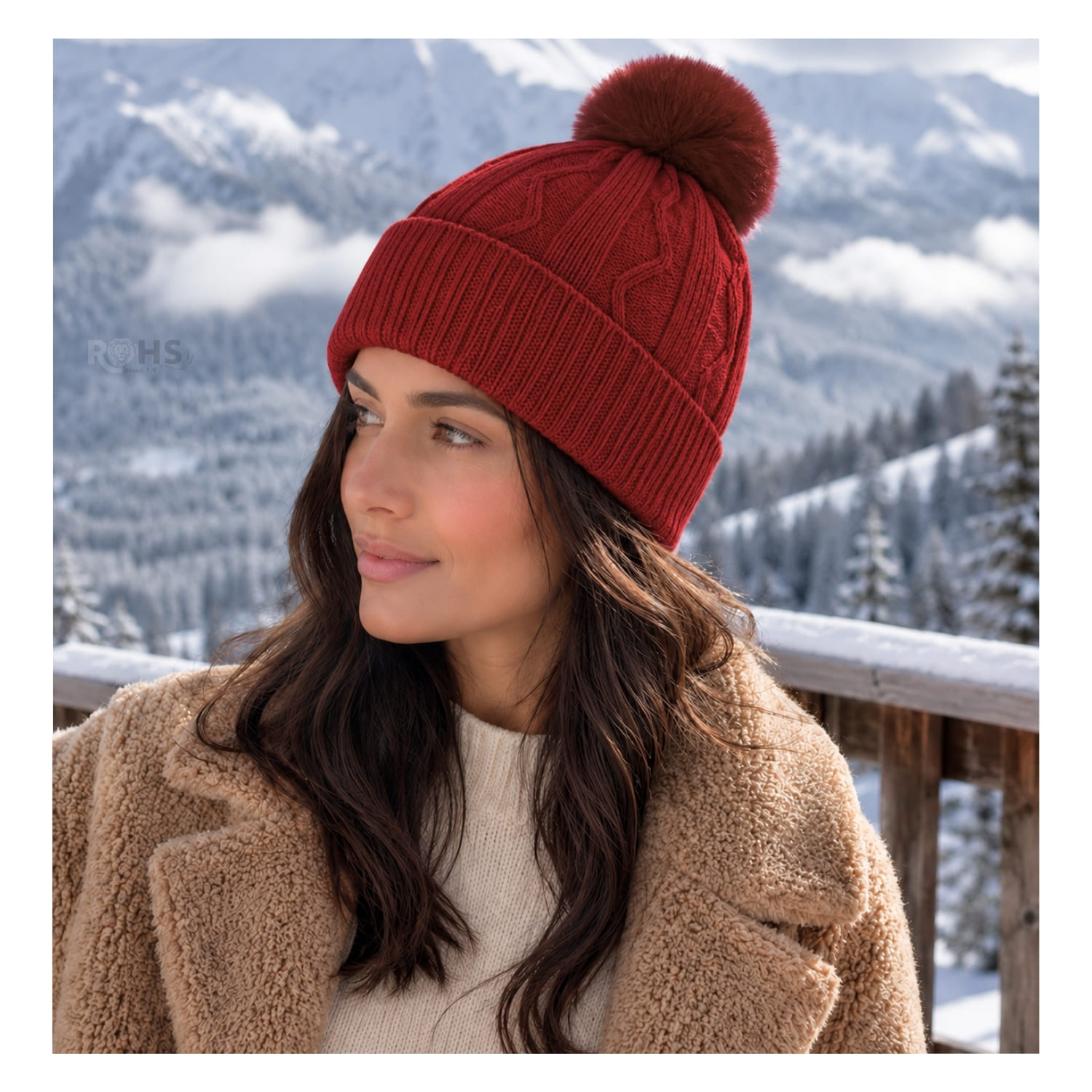 GORRO TEJIDO CON POMPÓN DISEÑO TEXTURIZADO PARA INVIERNO COLOR ROJO - 4