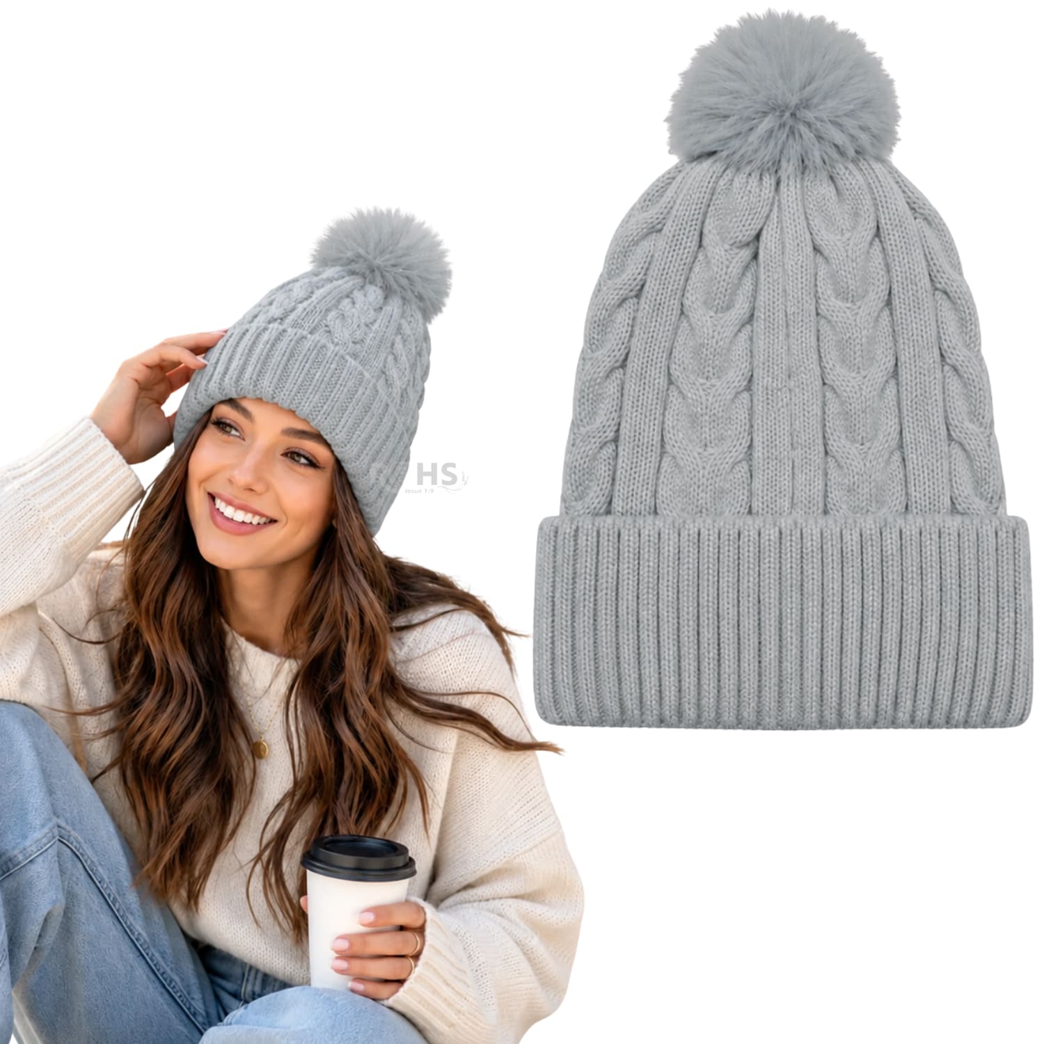 GORRO CON POMPÓN TEJIDO POLIÉSTER PARA INVIERNO COLOR GRIS CLARO - 1