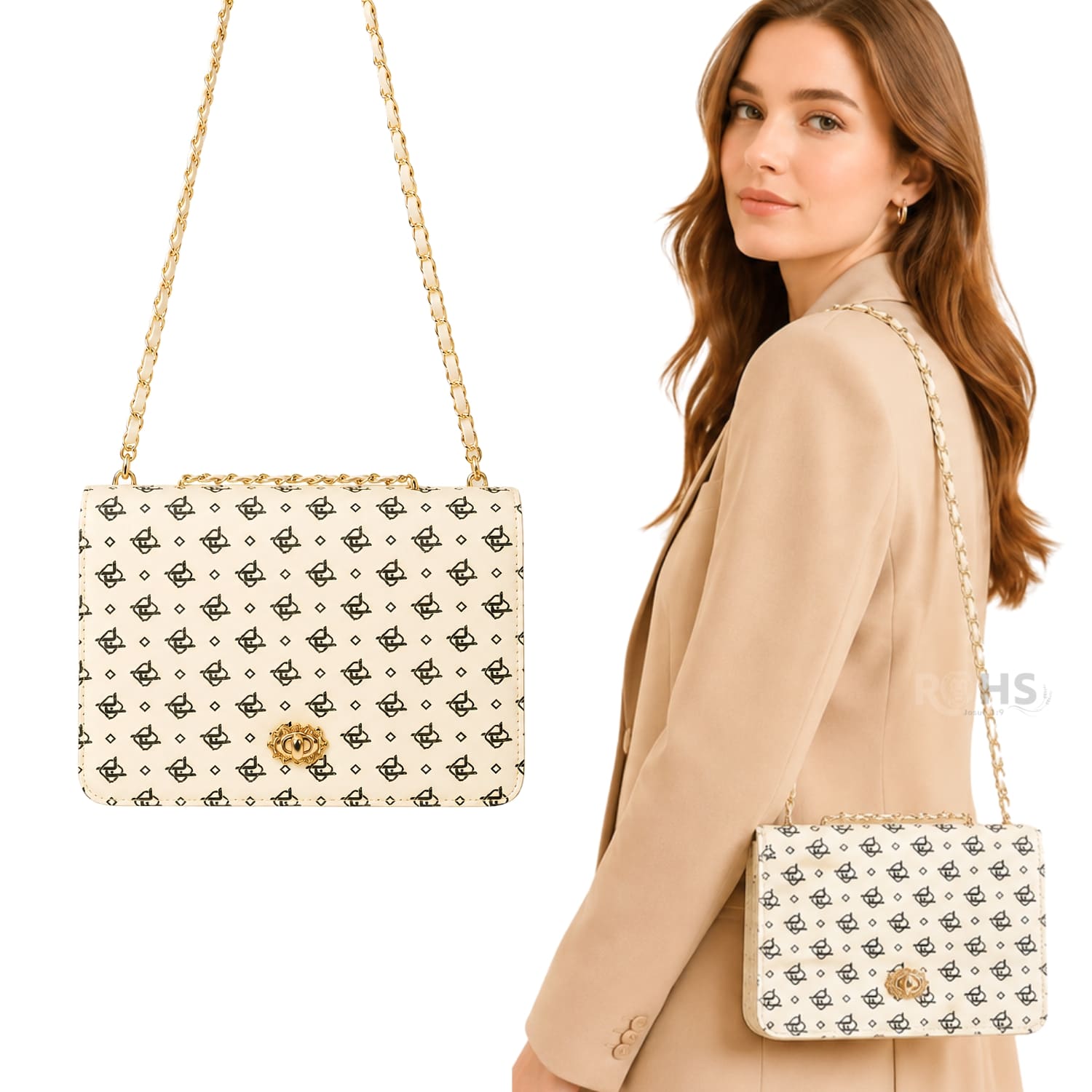 CARTERA ELEGANTE PARA MUJER CON CORREA DE CADENA Y DISEÑO CREMA - 1