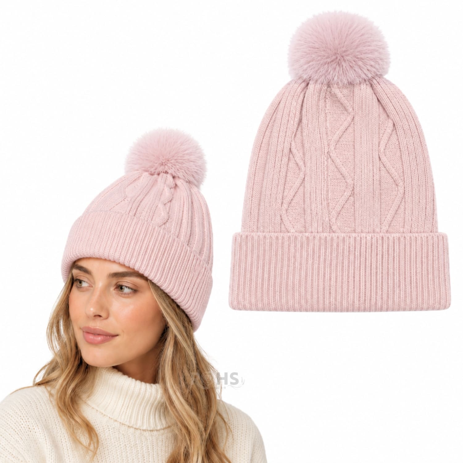 GORRO TEJIDO CON POMPÓN DISEÑO TEXTURIZADO PARA INVIERNO COLOR ROSADO - 1