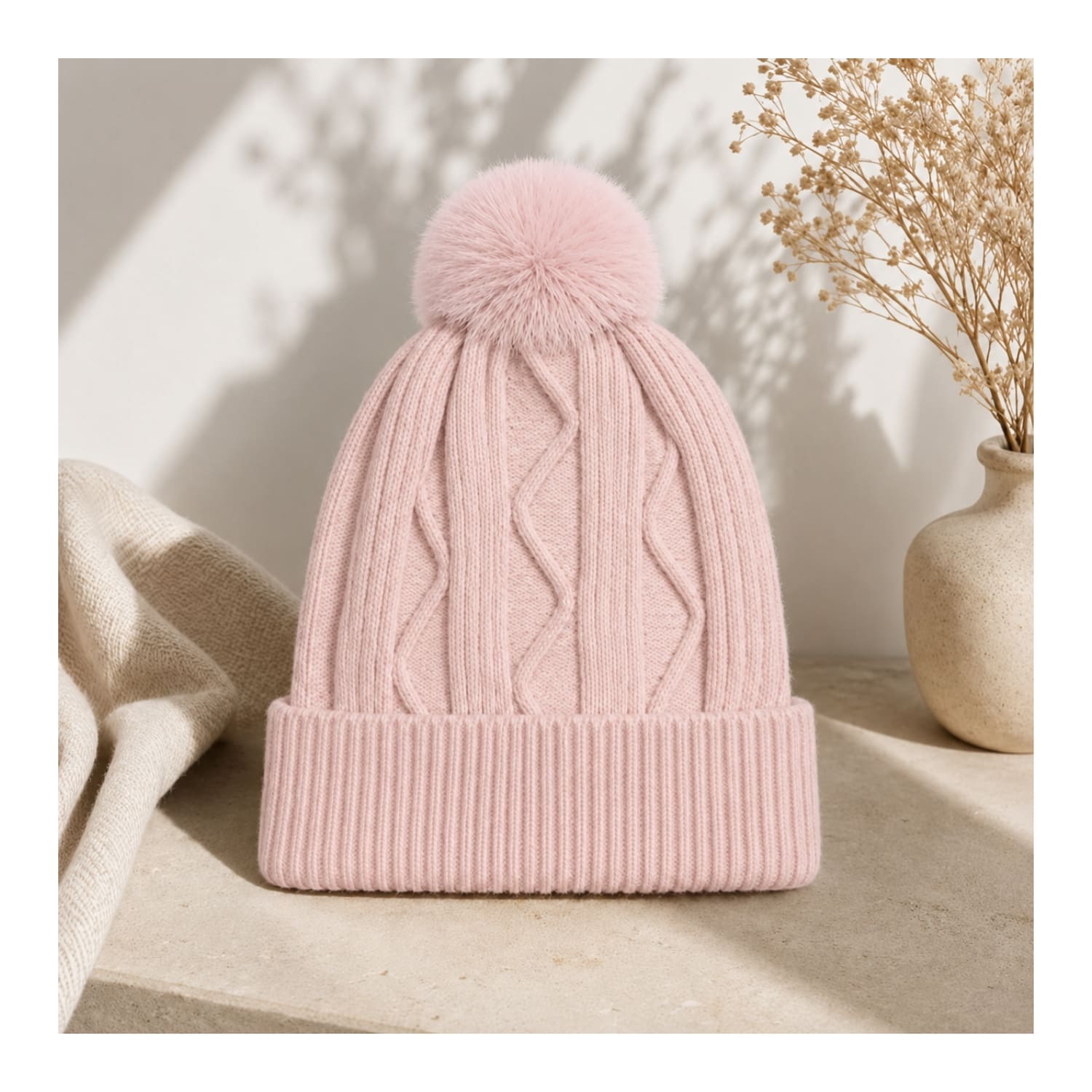 GORRO TEJIDO CON POMPÓN DISEÑO TEXTURIZADO PARA INVIERNO COLOR ROSADO - 2