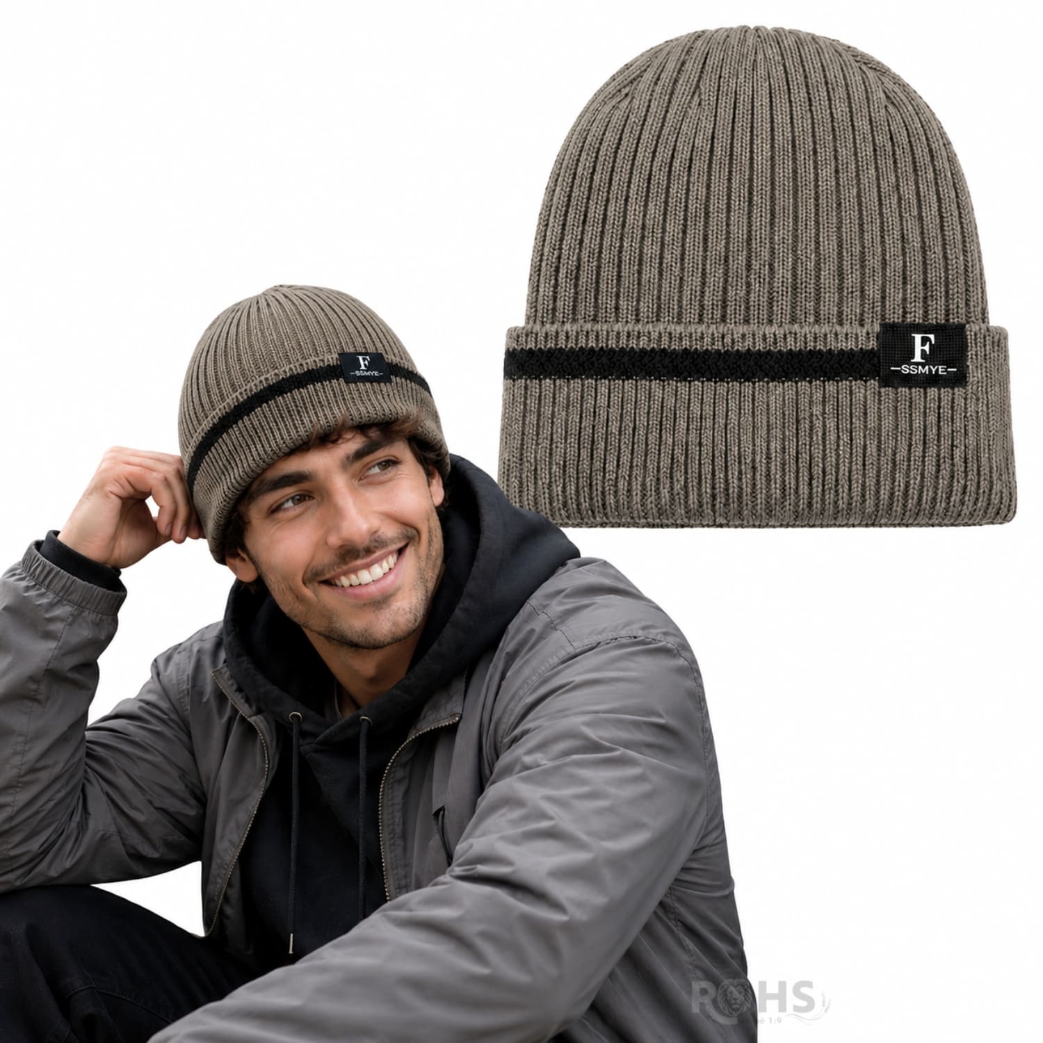 GORRO TEJIDO POLIÉSTER CON RAYA DECORATIVA PARA INVIERNO COLOR CAFÉ - 1