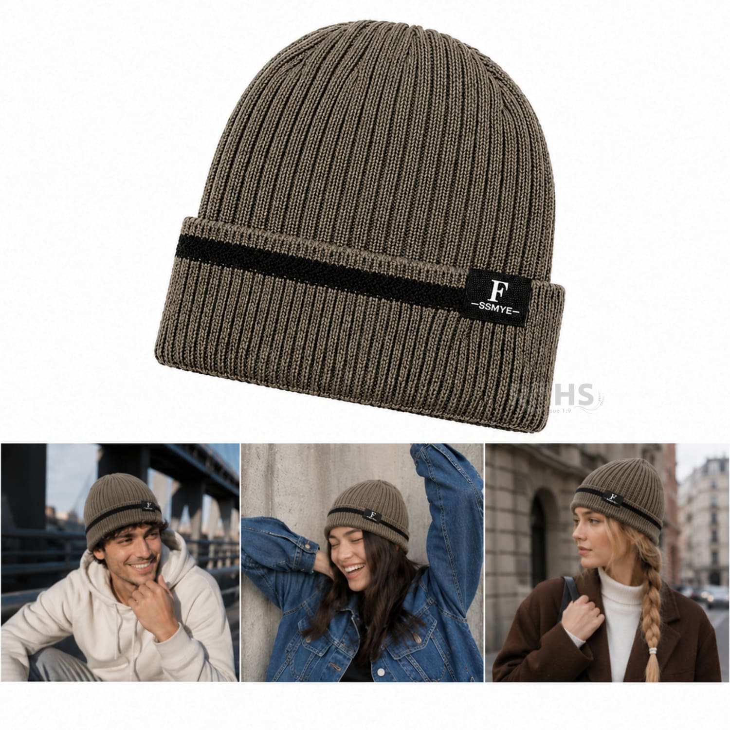 GORRO TEJIDO POLIÉSTER CON RAYA DECORATIVA PARA INVIERNO COLOR CAFÉ - 5