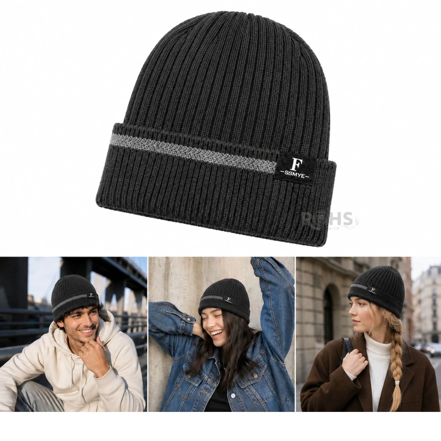 GORRO TEJIDO POLIÉSTER CON RAYA DECORATIVA PARA INVIERNO COLOR GRIS - 5