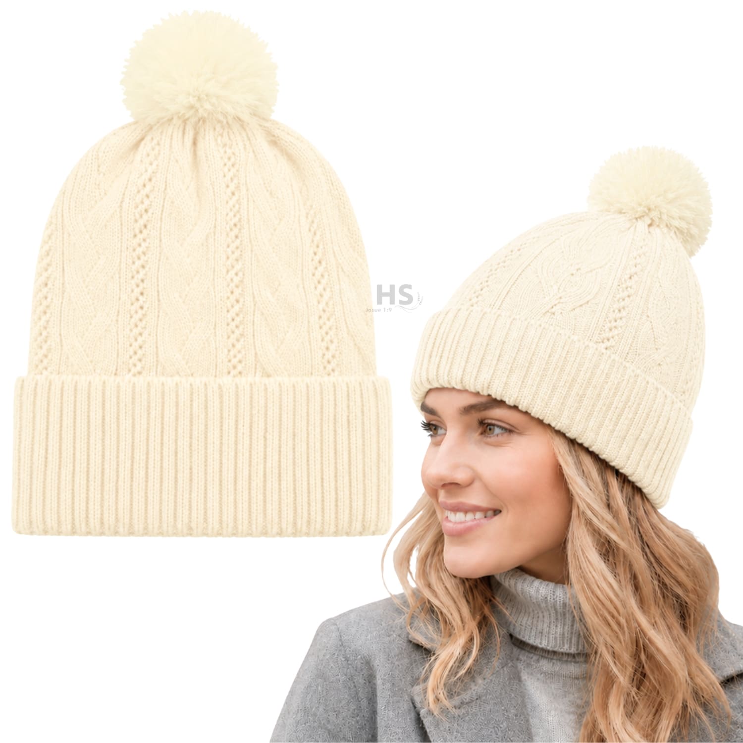GORRO DE INVIERNO POLIÉSTER CON POMPÓN TEXTURIZADO COLOR CREMA - 1
