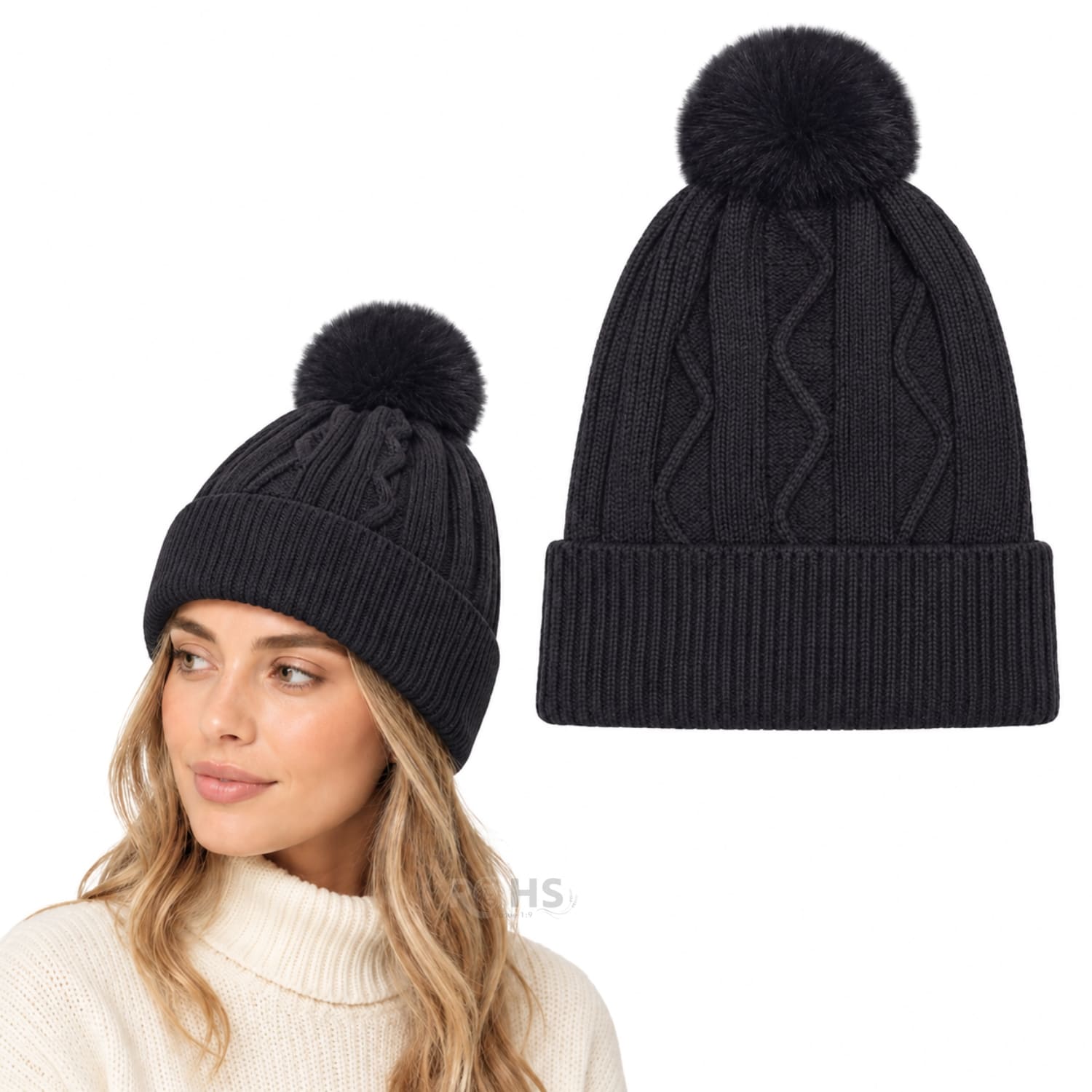 GORRO TEJIDO CON POMPÓN DISEÑO TEXTURIZADO PARA INVIERNO COLOR NEGRO - 1