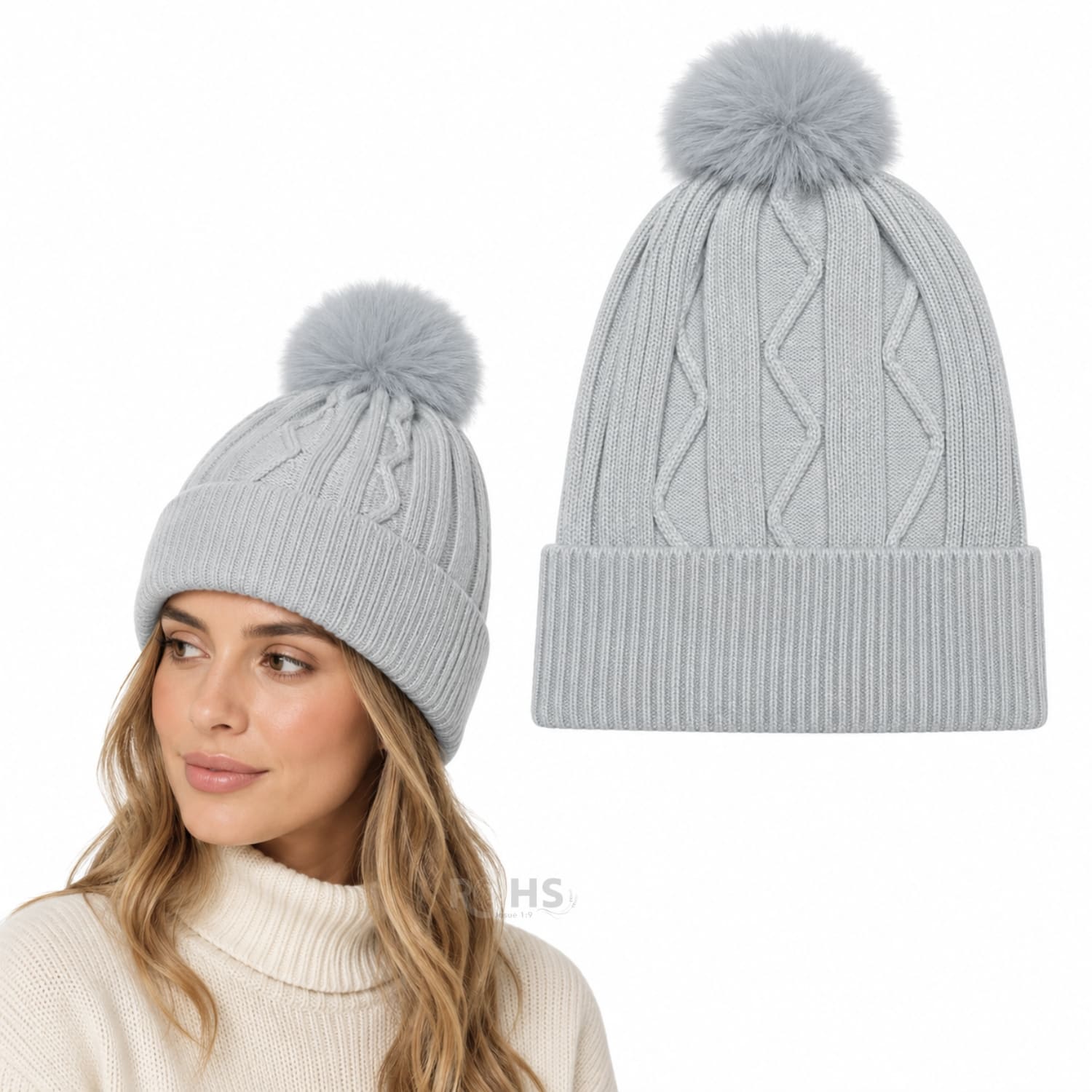 GORRO TEJIDO CON POMPÓN DISEÑO TEXTURIZADO PARA INVIERNO COLOR GRIS CLARO - 1