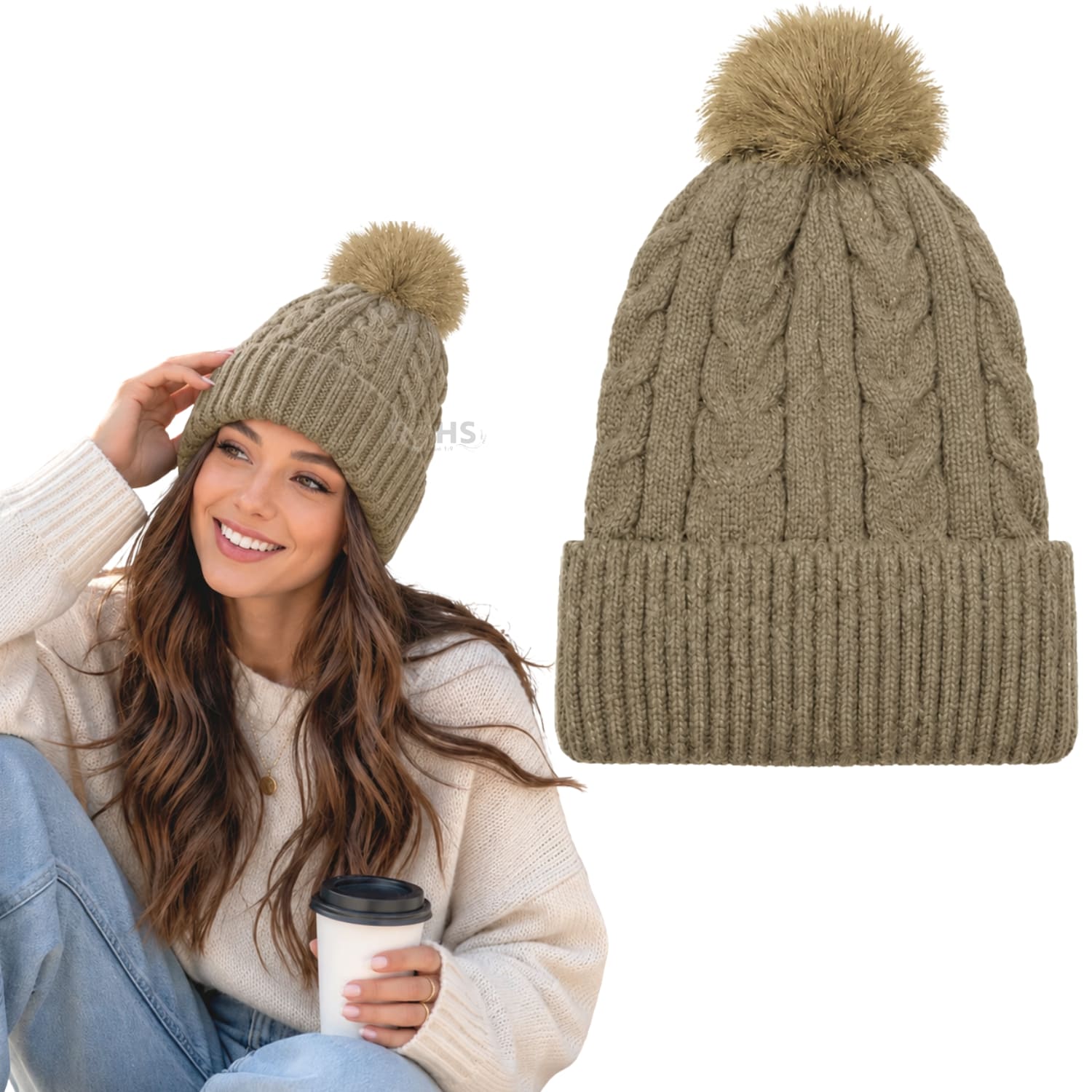 GORRO CON POMPÓN TEJIDO POLIÉSTER PARA INVIERNO COLOR CAQUI - 1