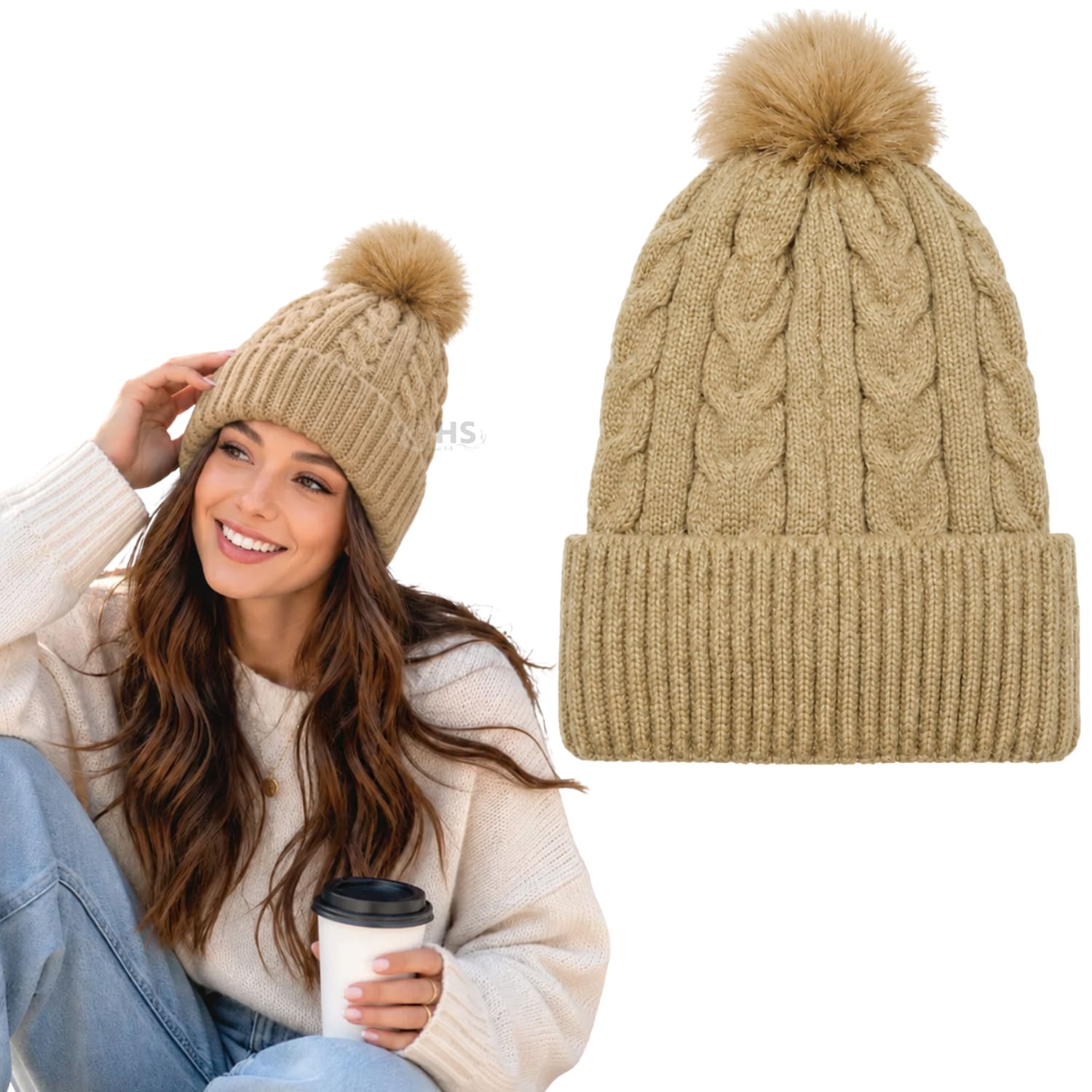 GORRO CON POMPÓN TEJIDO POLIÉSTER PARA INVIERNO COLOR CAMEL - 1