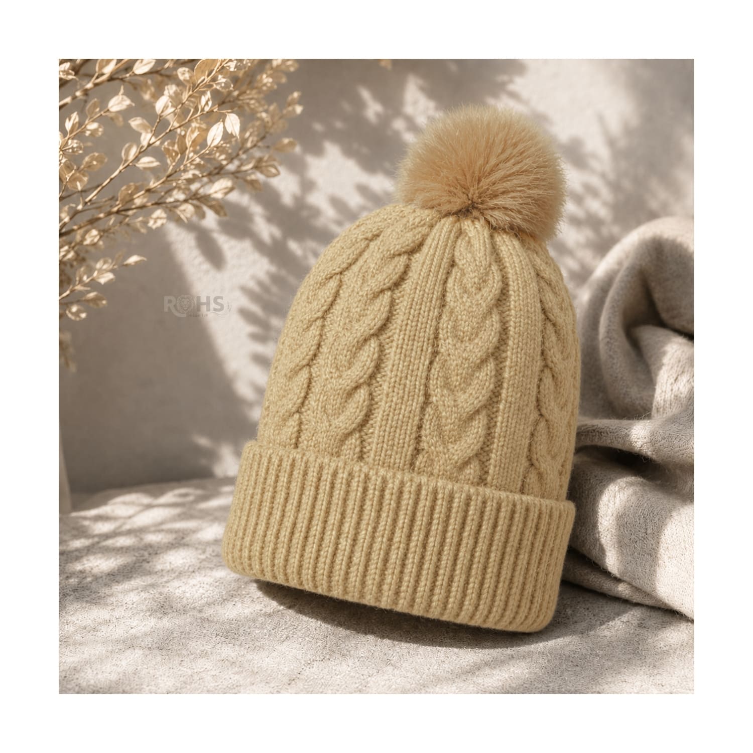 GORRO CON POMPÓN TEJIDO POLIÉSTER PARA INVIERNO COLOR CAMEL - 6