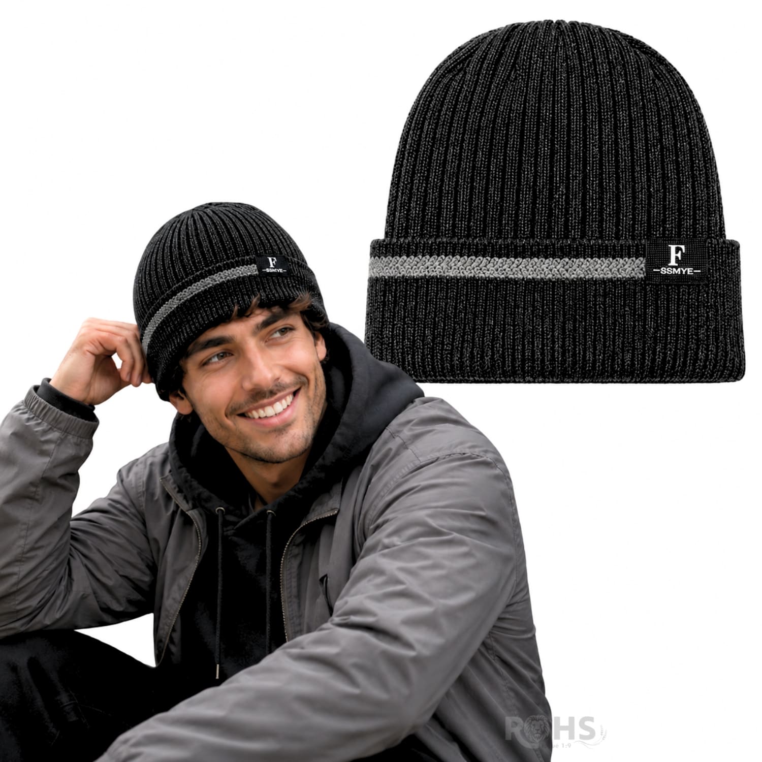 GORRO TEJIDO POLIÉSTER JASPEADO CON RAYA DECORATIVA PARA INVIERNO COLOR NEGRO - 1