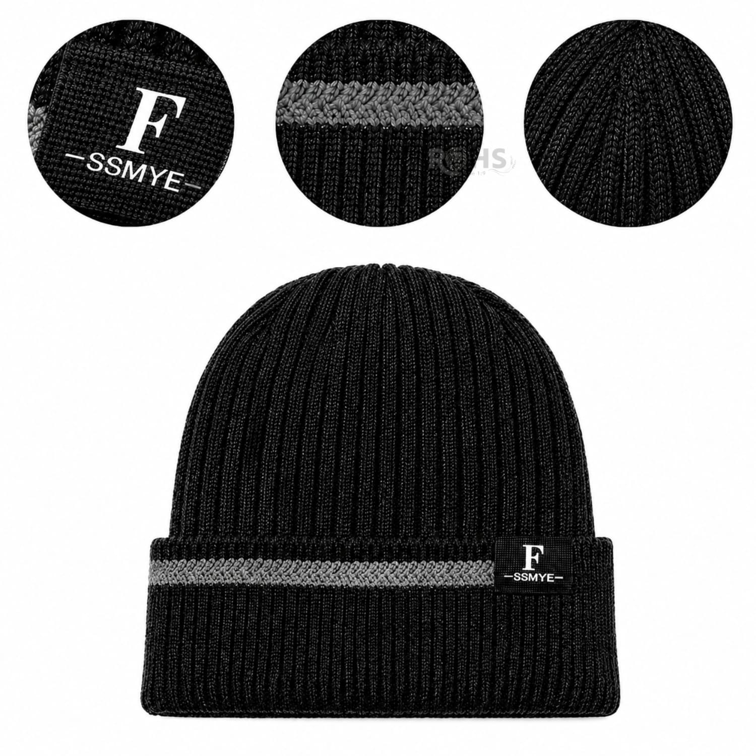 GORRO TEJIDO POLIÉSTER JASPEADO CON RAYA DECORATIVA PARA INVIERNO COLOR NEGRO - 4