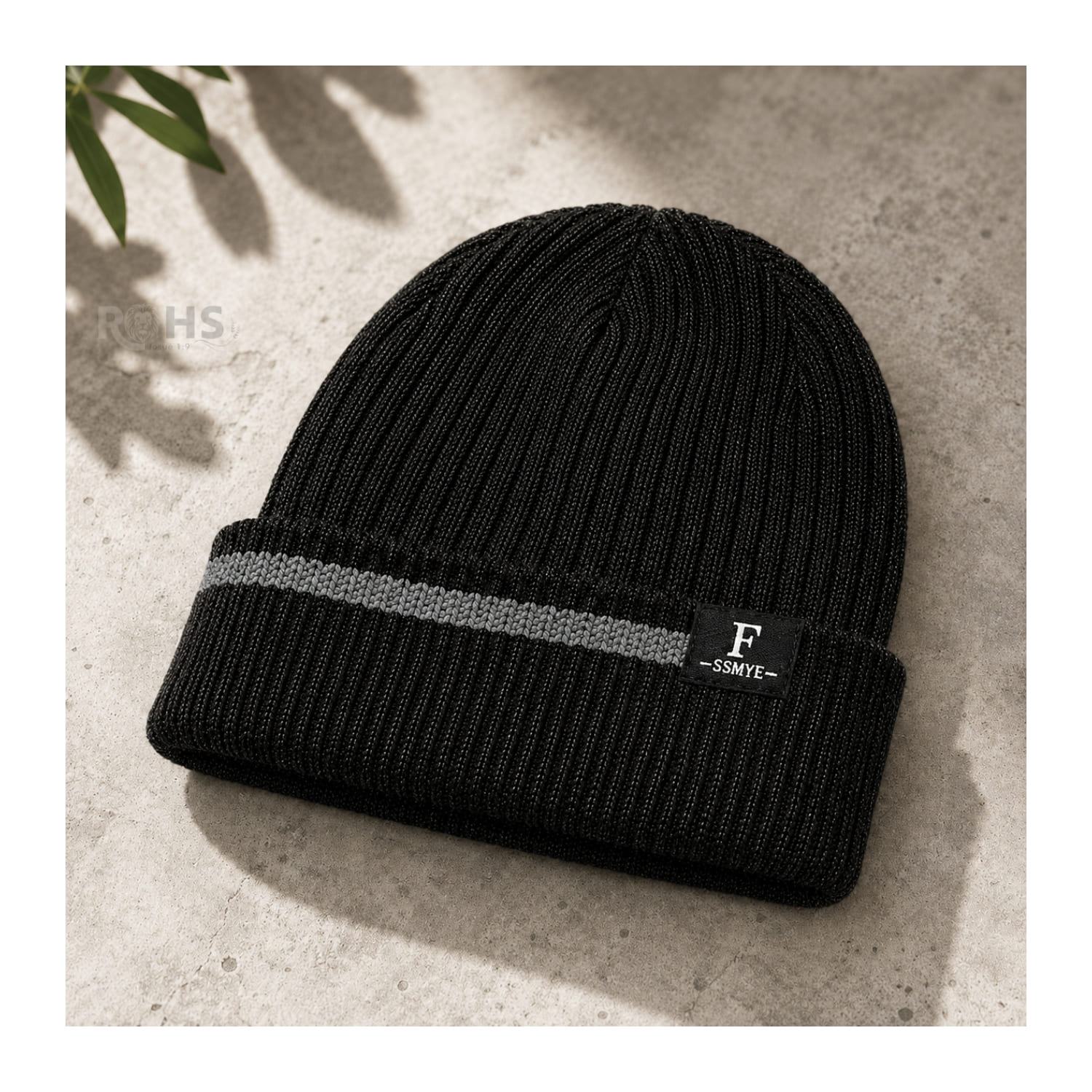 GORRO TEJIDO POLIÉSTER JASPEADO CON RAYA DECORATIVA PARA INVIERNO COLOR NEGRO - 6